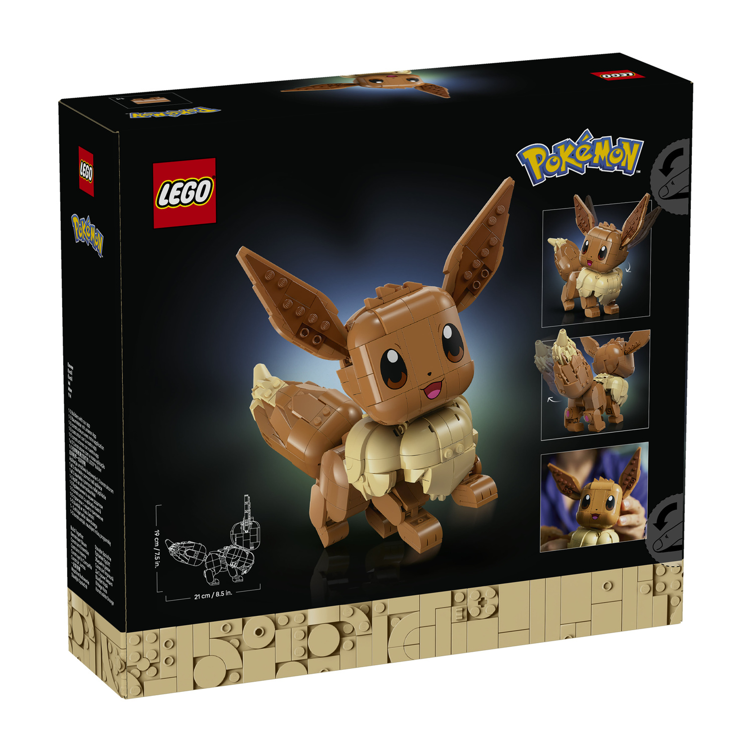 Scatola LEGO Pokémon Eevee con figure Eevee e dimensioni di costruzione.