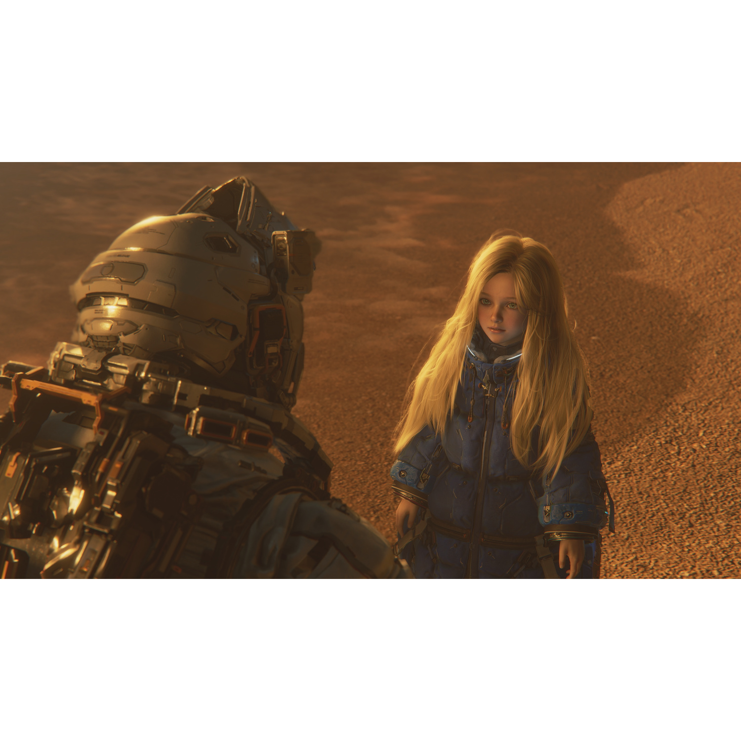 Un astronauta e una ragazza stanno su un pianeta sabbioso.