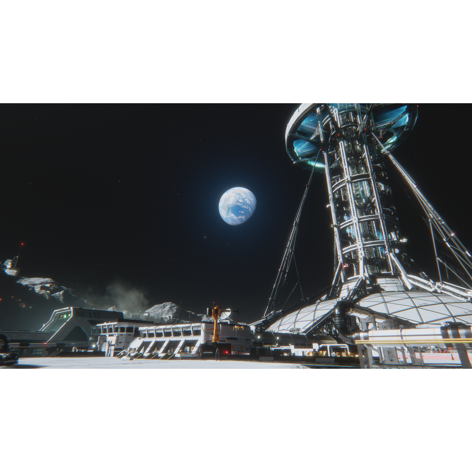 Stazione spaziale futuristica con la Terra sullo sfondo.