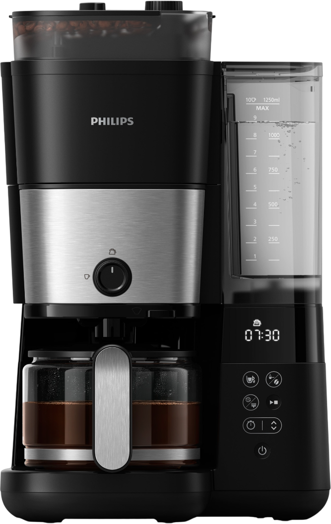 Schwarze Kaffeemaschine mit Kaffeebohnen oben und zwei Glaskaraffen unten.