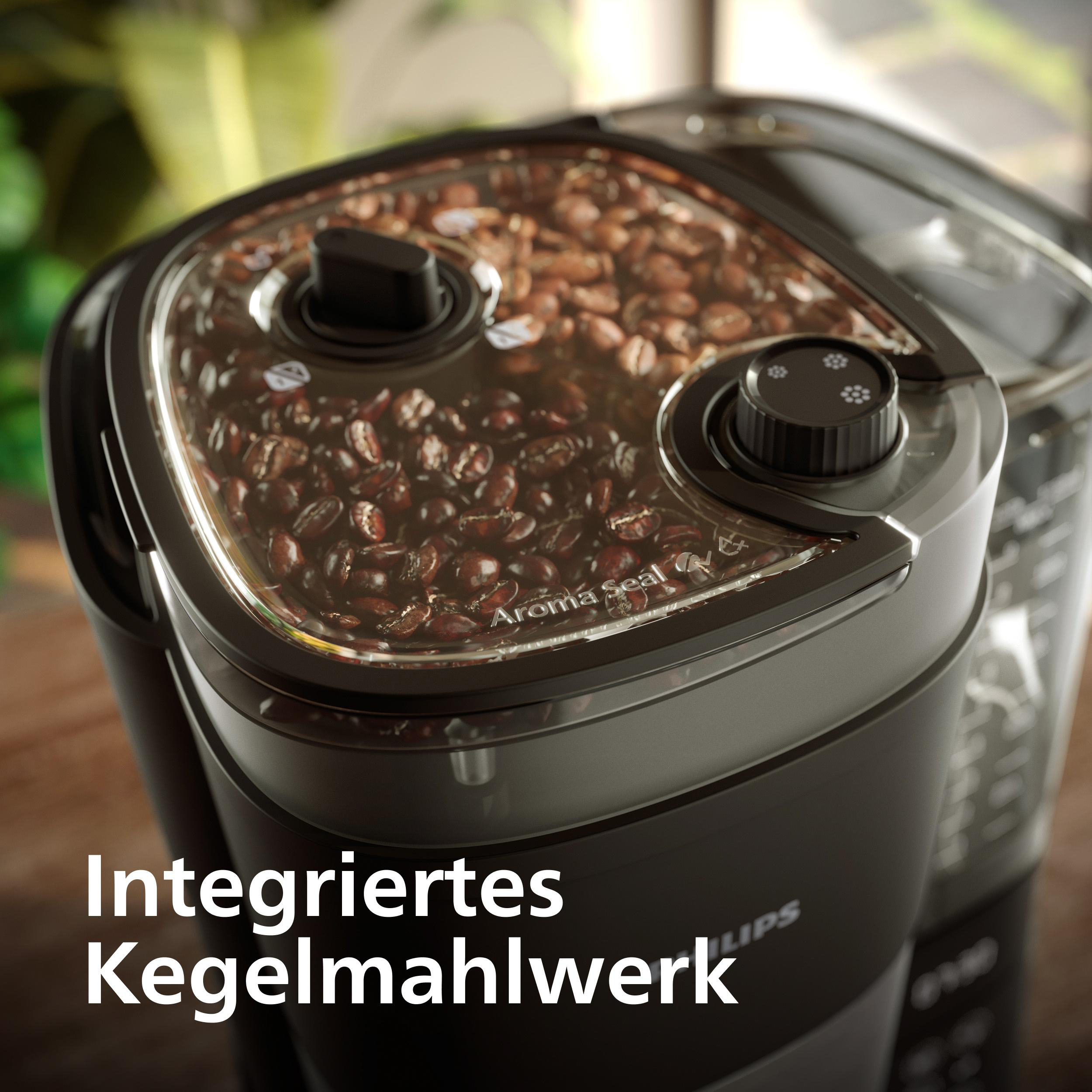 Kaffeemühle mit integriertem Kegelmahlwerk und Kaffeebohnen.