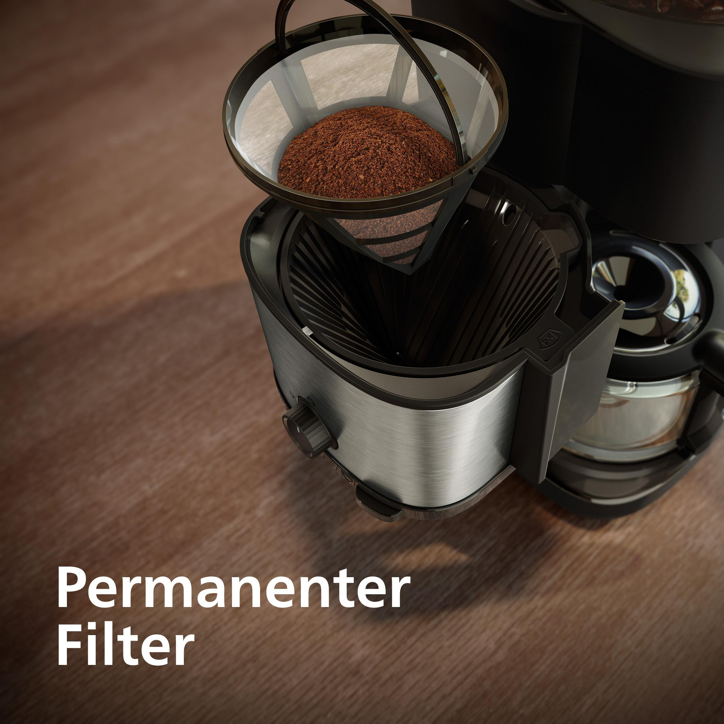 Kaffeemaschine mit Permanentfilter und Kaffeepulver auf Holzhintergrund.