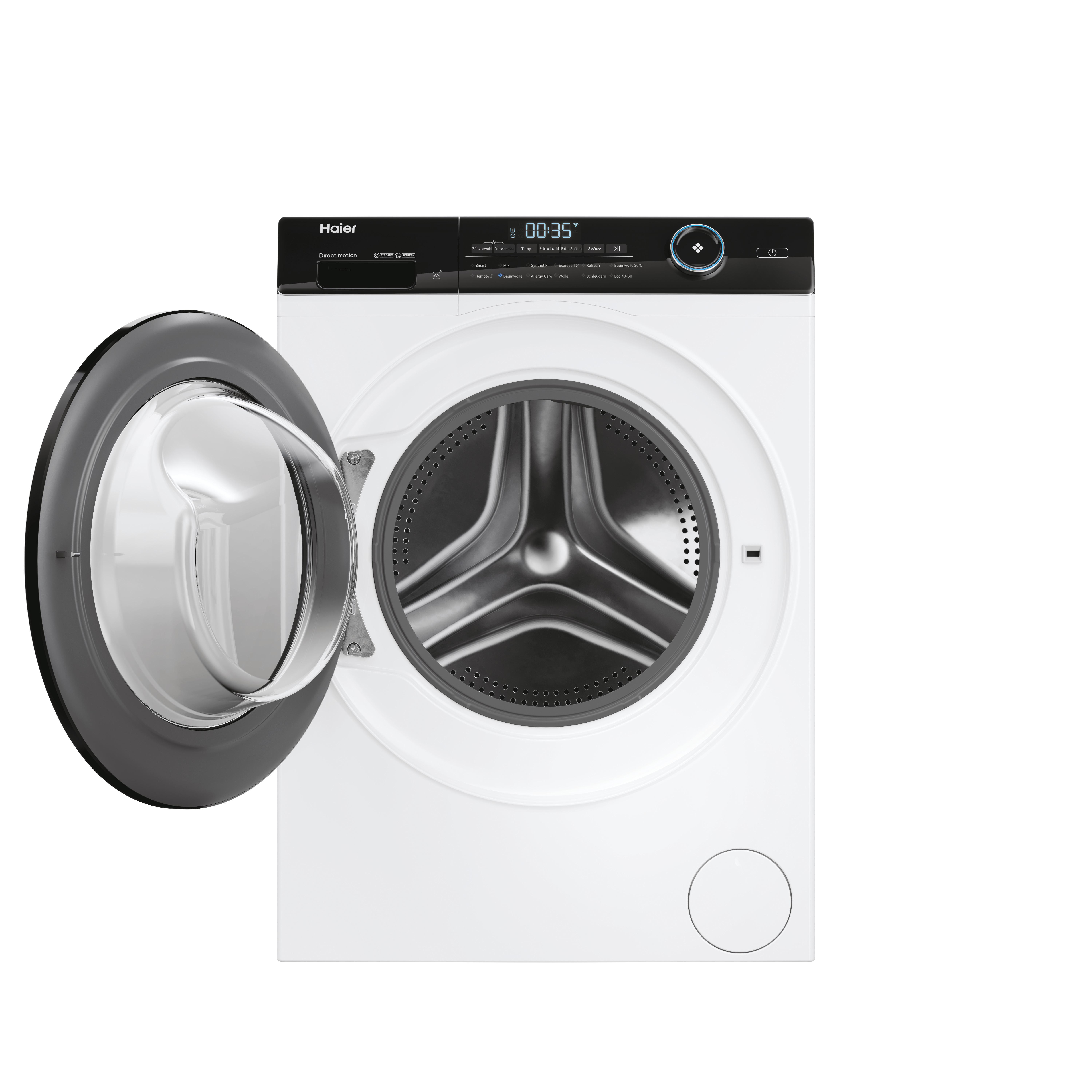 Weiße Haier Waschmaschine mit offener Tür und sichtbarem Innenraum. Display zeigt 00:35.