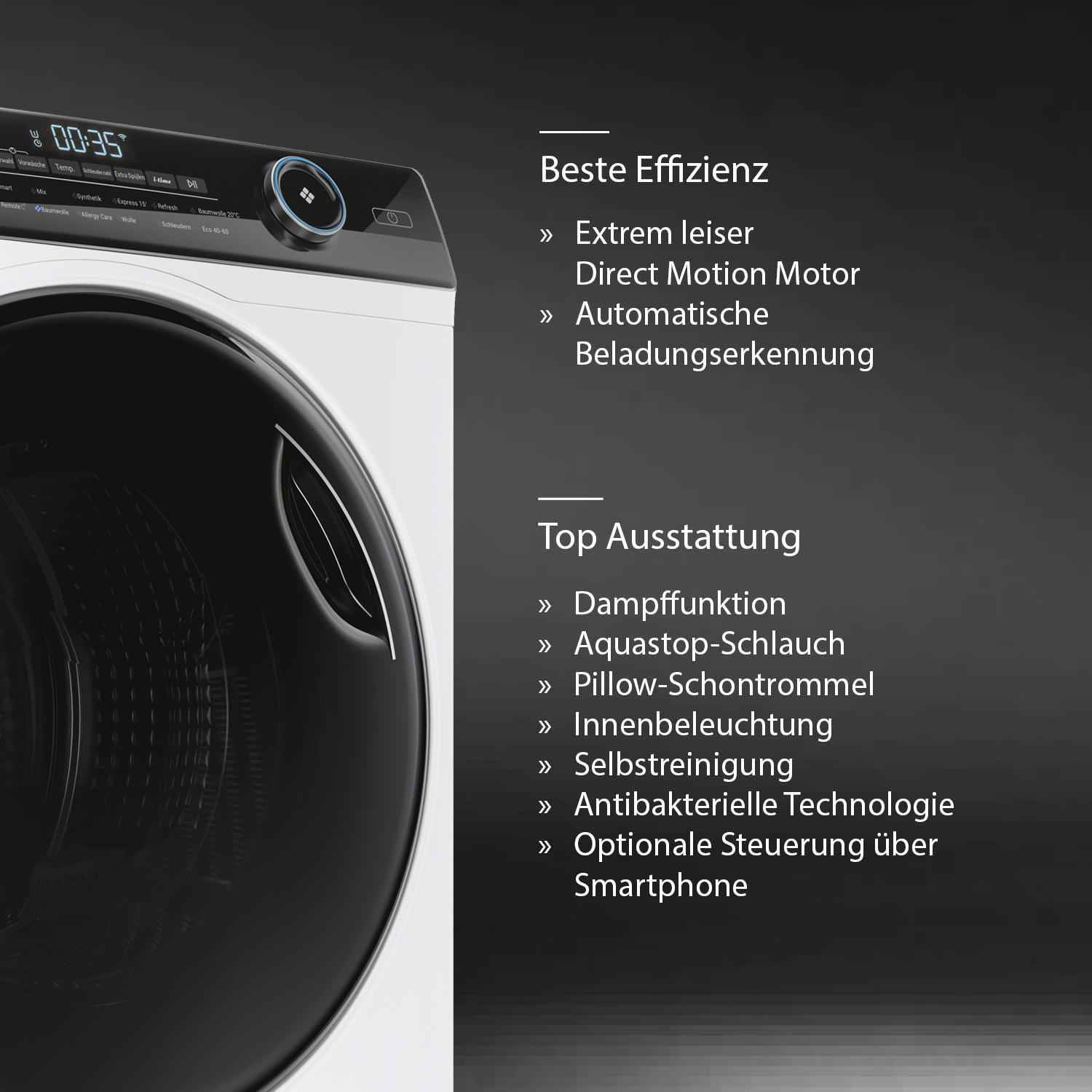 Eine weiße Waschmaschine mit schwarzer Tür und Touchscreen-Bedienfeld.