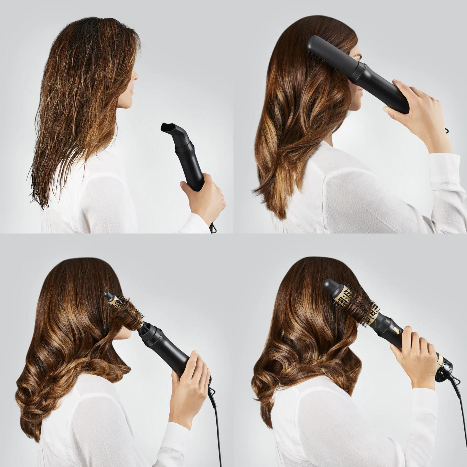 Frau trocknet und stylt ihr braunes Haar mit einem schwarzen Haartrockner mit verschiedenen Aufsätzen.