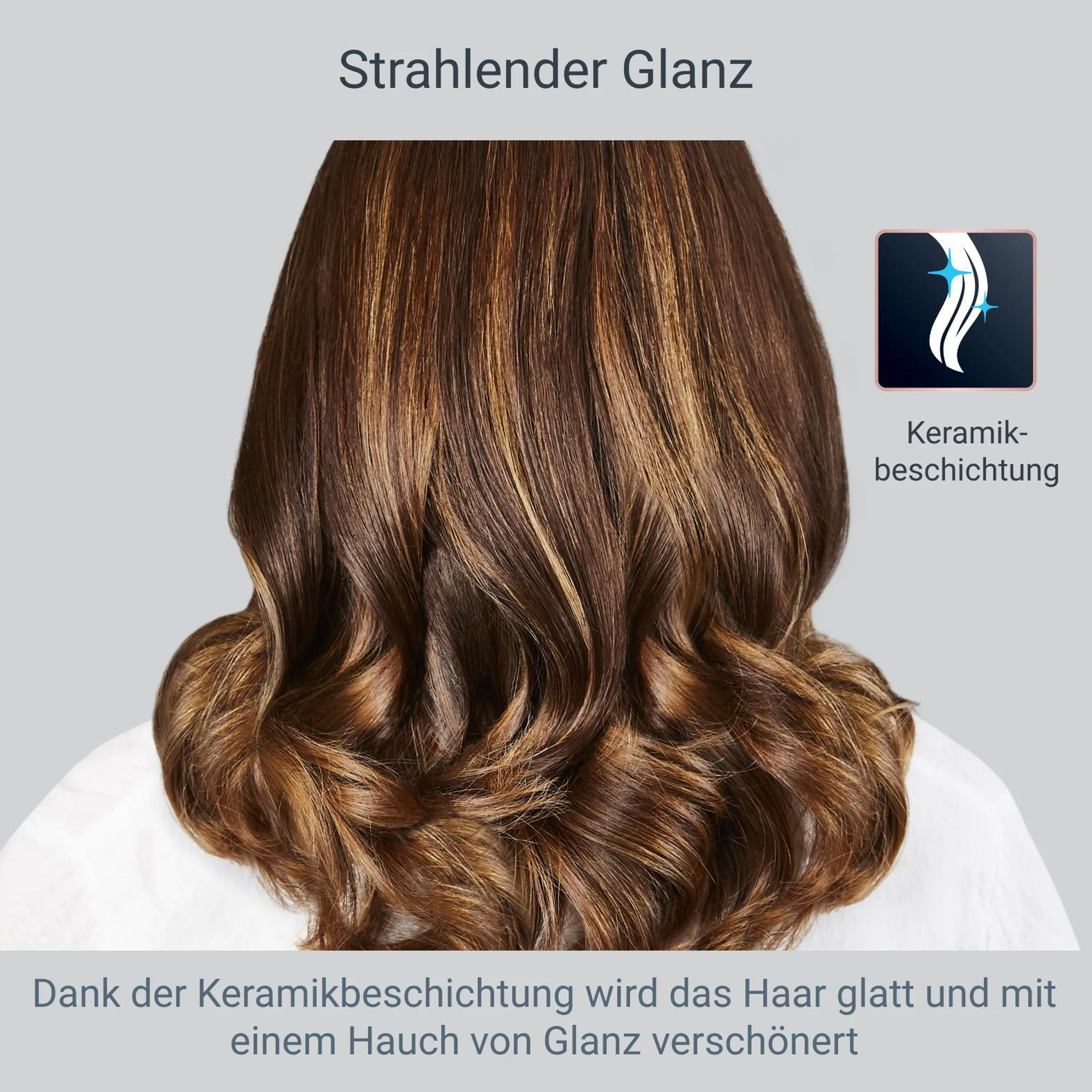 Braunes Haar mit Highlights, glatt und glänzend, mit Keramikbeschichtungssymbol.