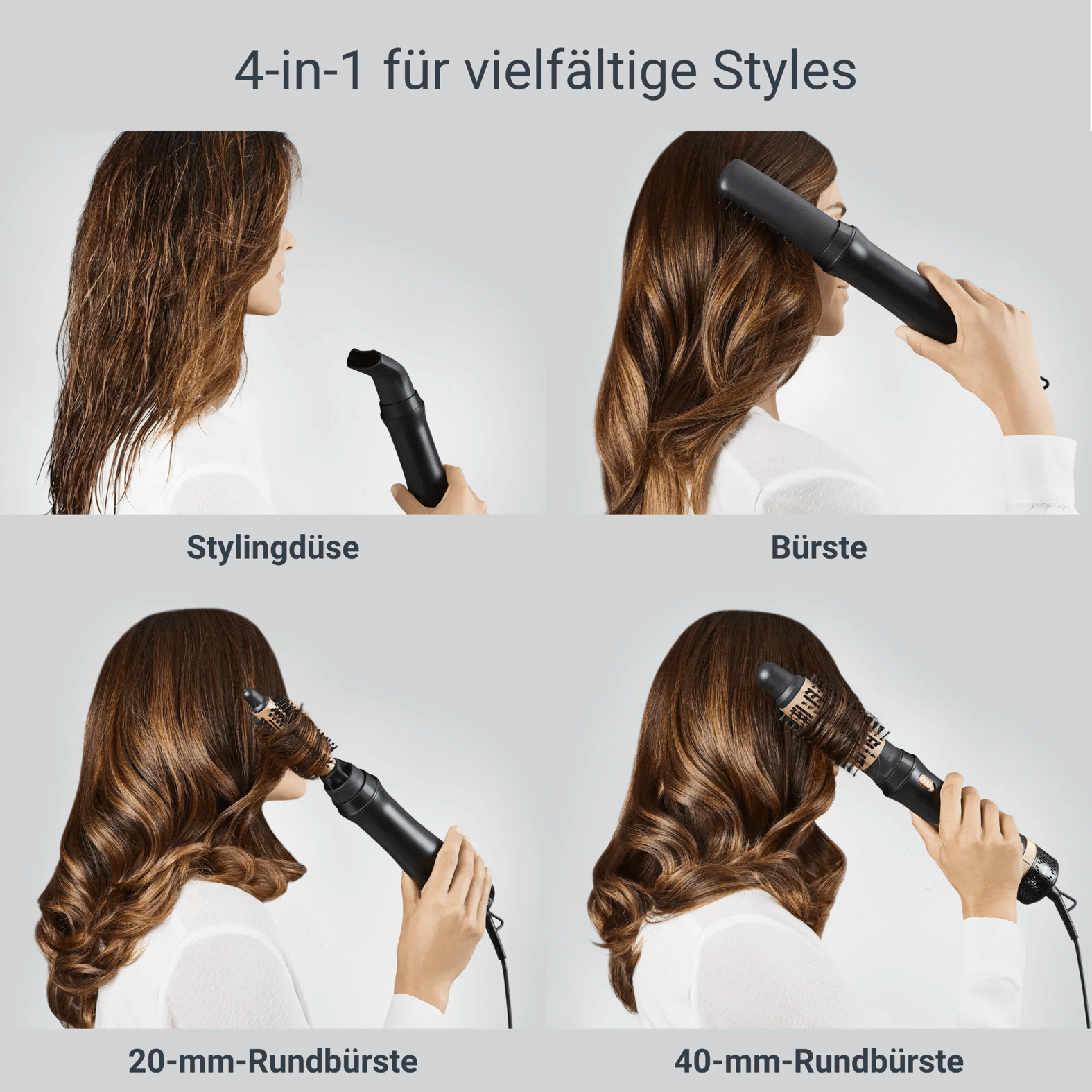 Vier Aufsätze für einen Haartrockner: Stylingdüse, Bürste, 20mm und 40mm Rundbürste.
