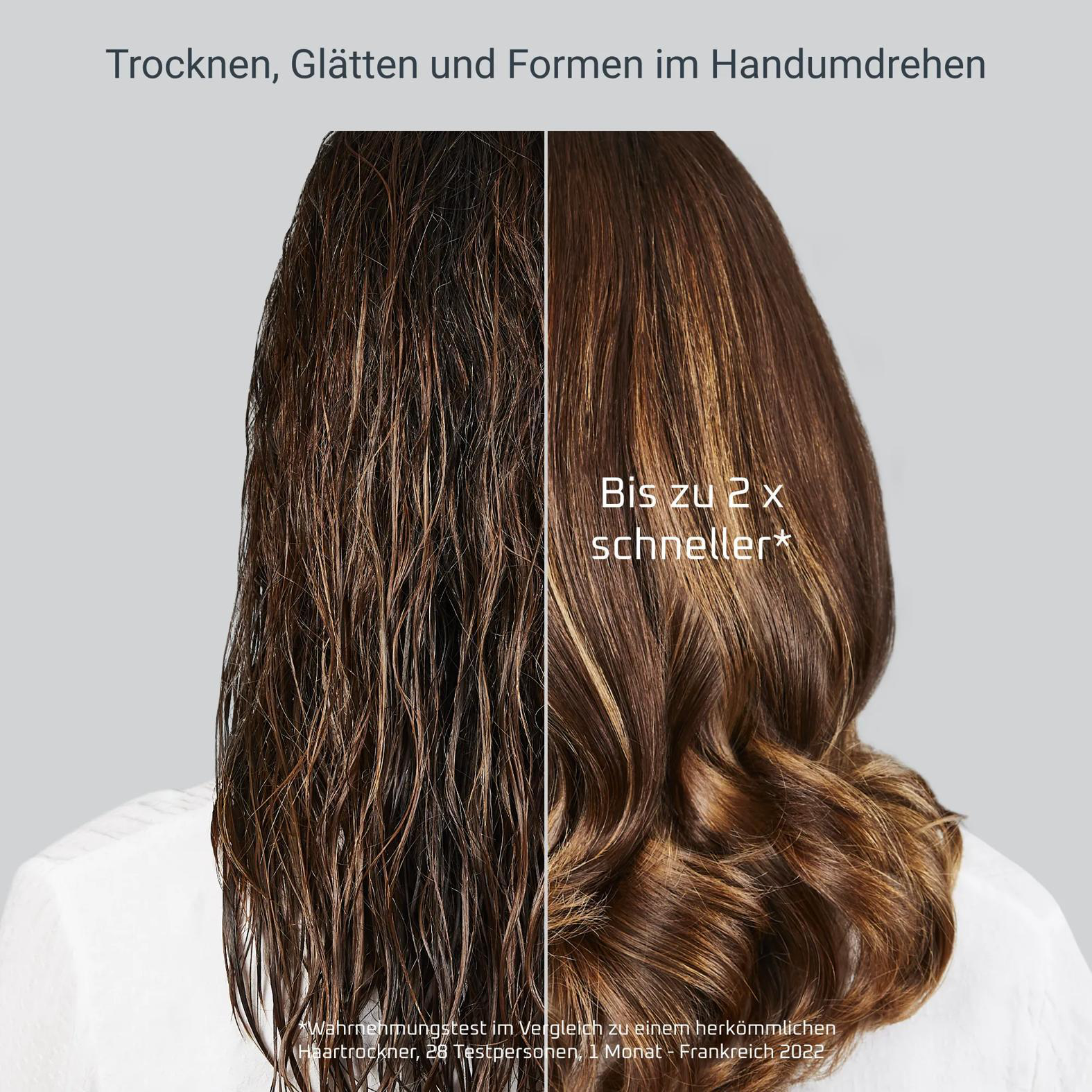 Vorher/Nachher Haarvergleich: nass/klatschnass vs. trocken und gestylt.