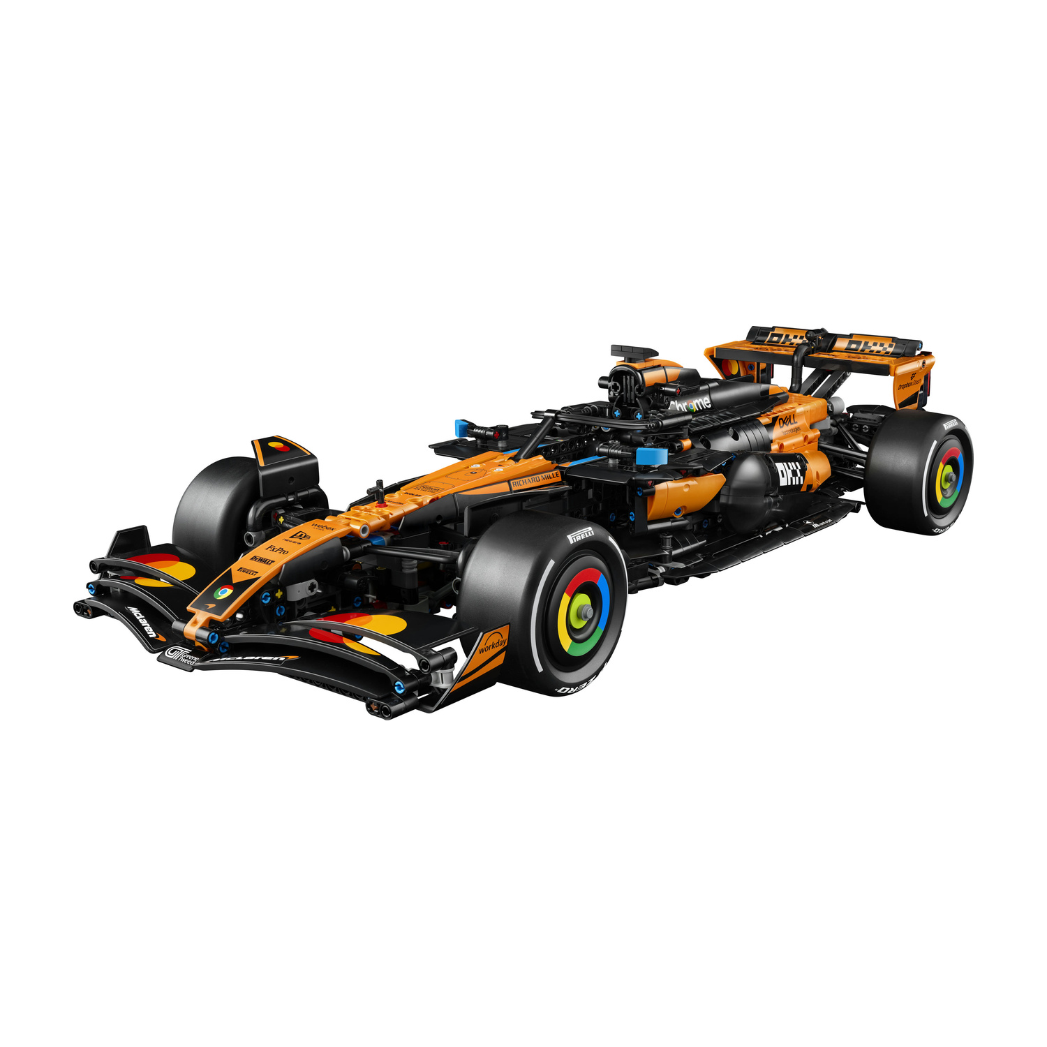 Un modello di auto da corsa F1 arancione e nera con loghi sponsor su sfondo bianco.