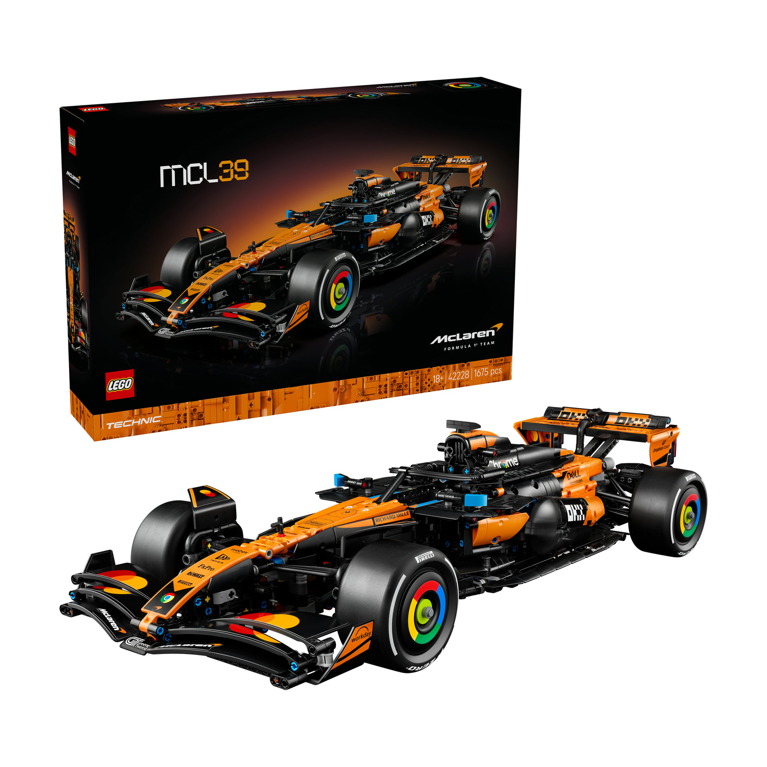 Un'auto Lego Technic McLaren di Formula 1 arancione e nera con ruote colorate.