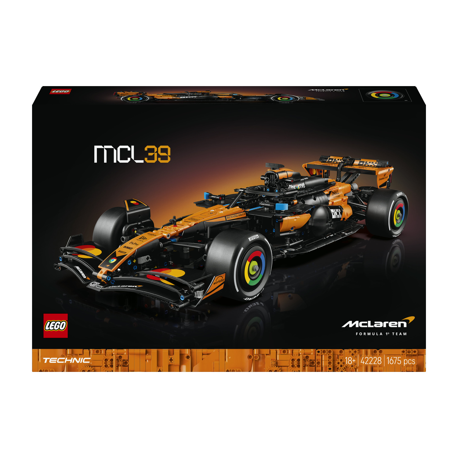 Un set di auto da corsa Lego Technic McLaren MCL39 F1 su sfondo nero.