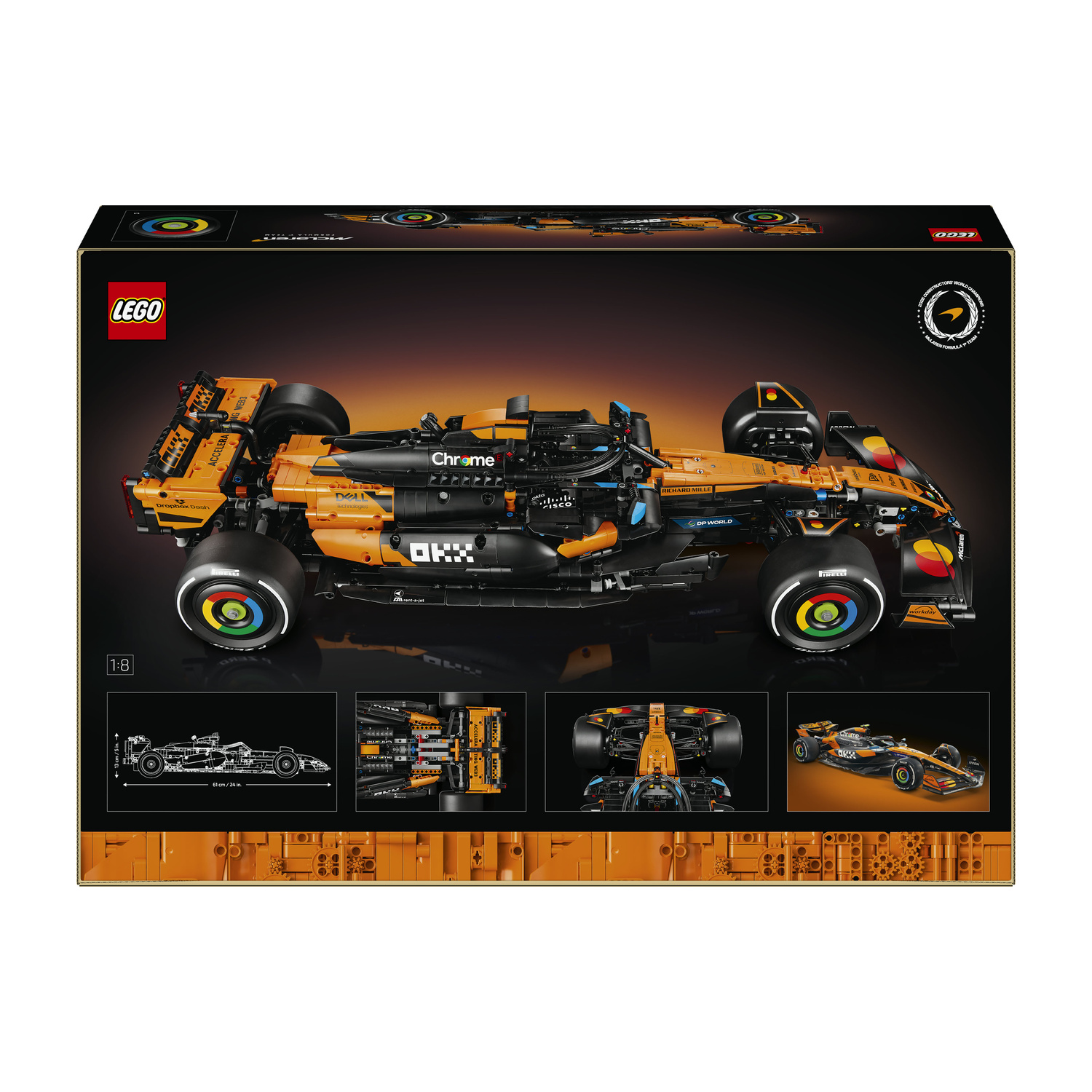 Scatola auto LEGO McLaren Formula 1 in arancione e nero con dettagli.
