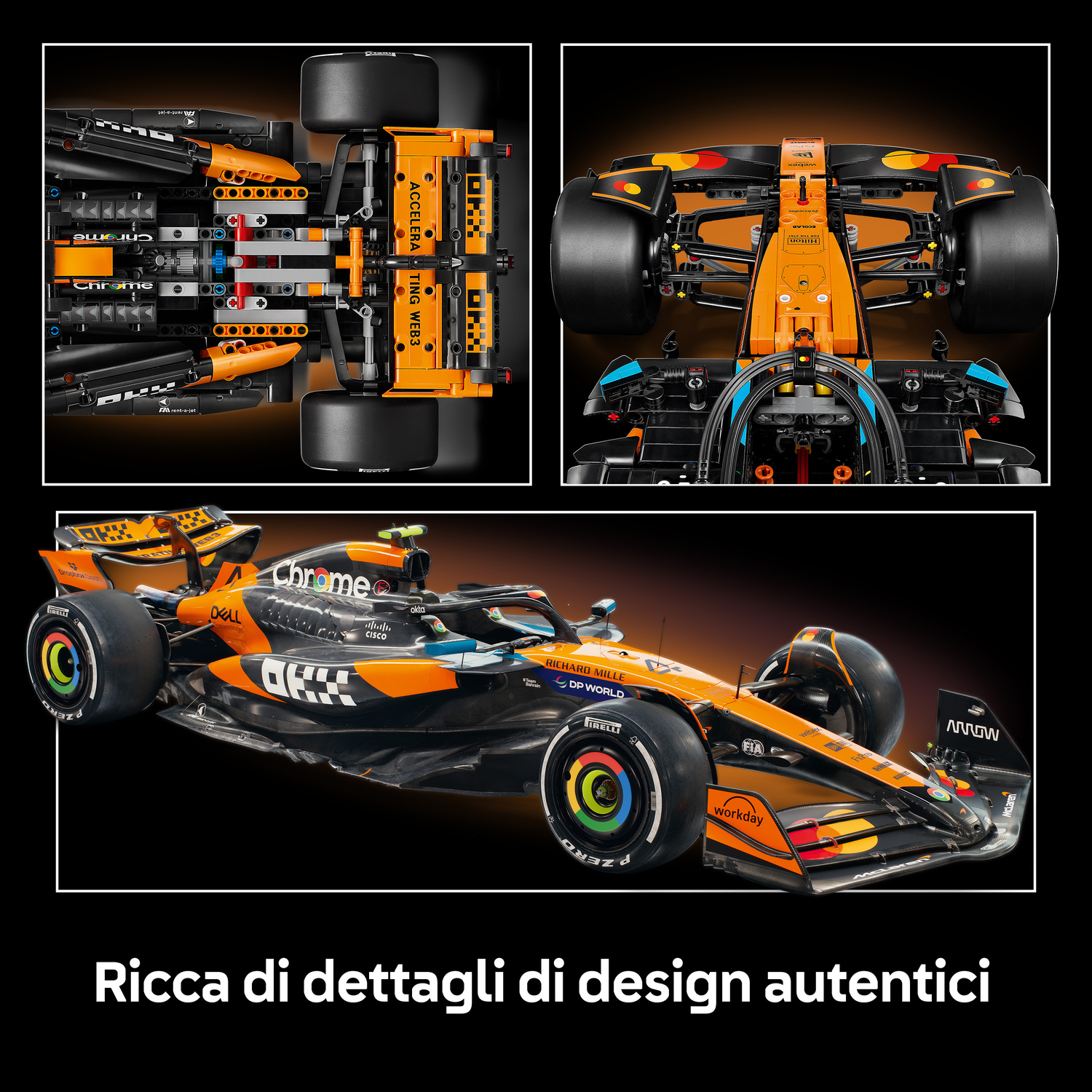 Un'auto da corsa di Formula 1 arancione e nera con sospensioni e ruote dettagliate.