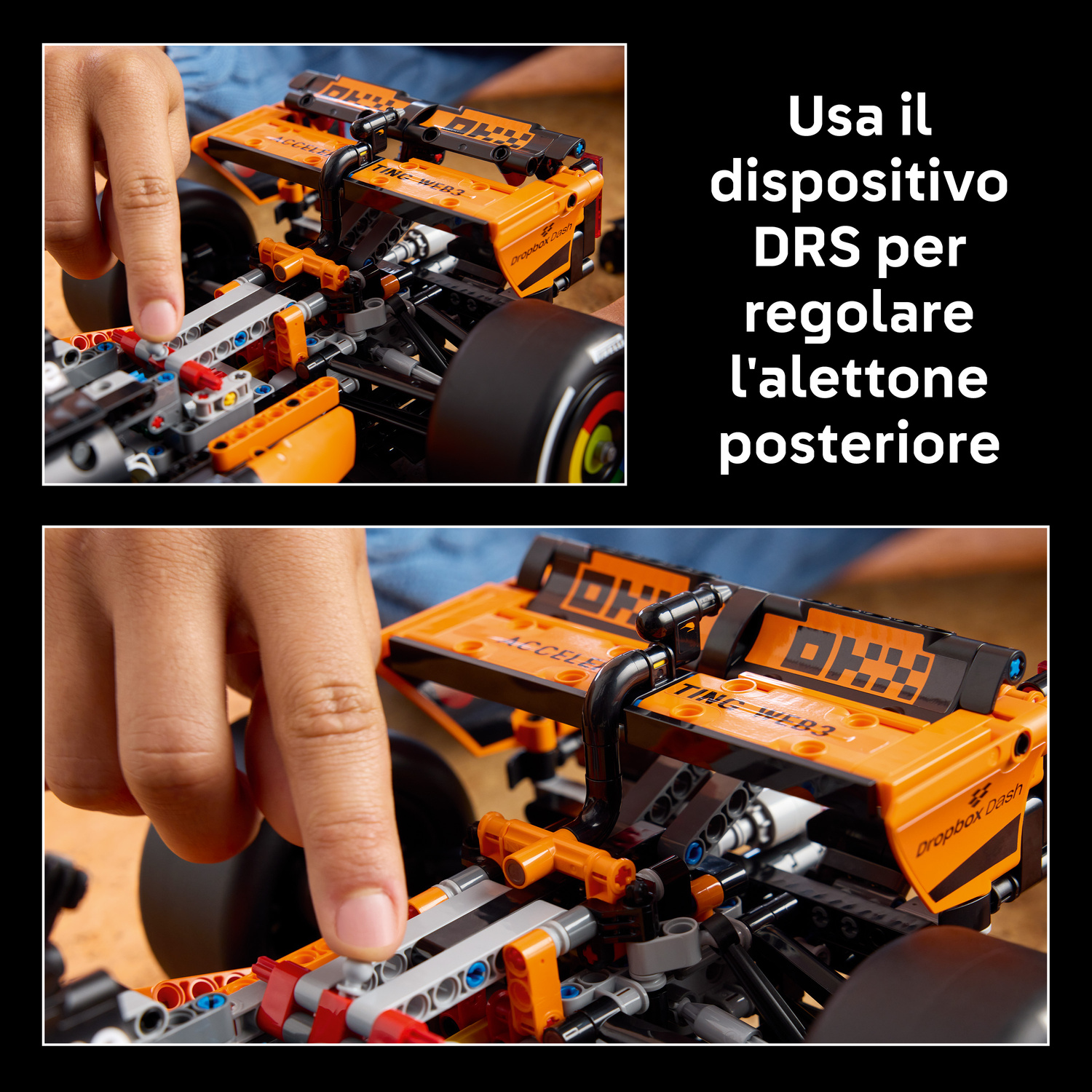 Bambino gioca con auto da corsa Lego arancione, regola alettone.