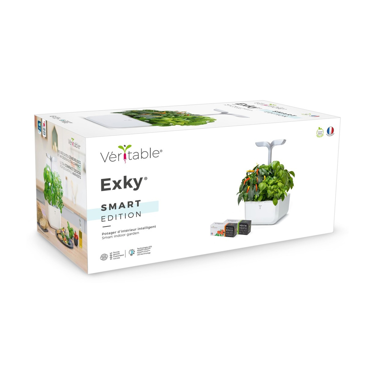 Confezione di un orto da interno intelligente con erbe e peperoncini.