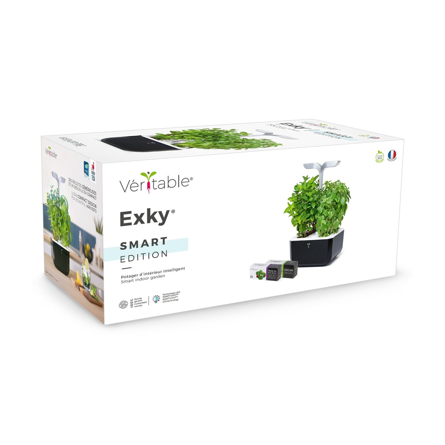 Giardino interno Veritable Exky Smart Edition con piante verdi e tre capsule di semi.
