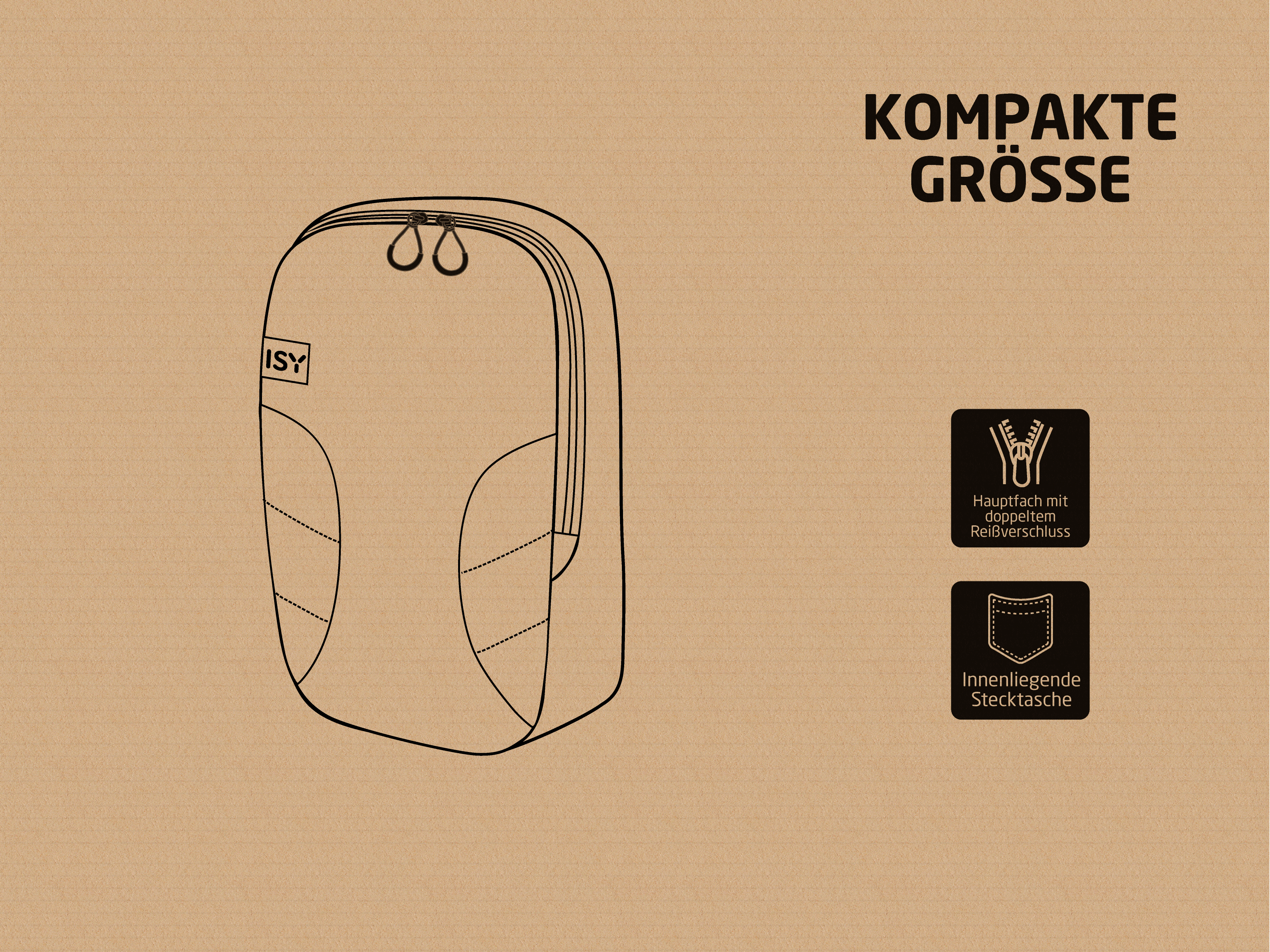Eine Skizze eines Rucksacks mit doppelten Reißverschlüssen und dem Schriftzug ISY.