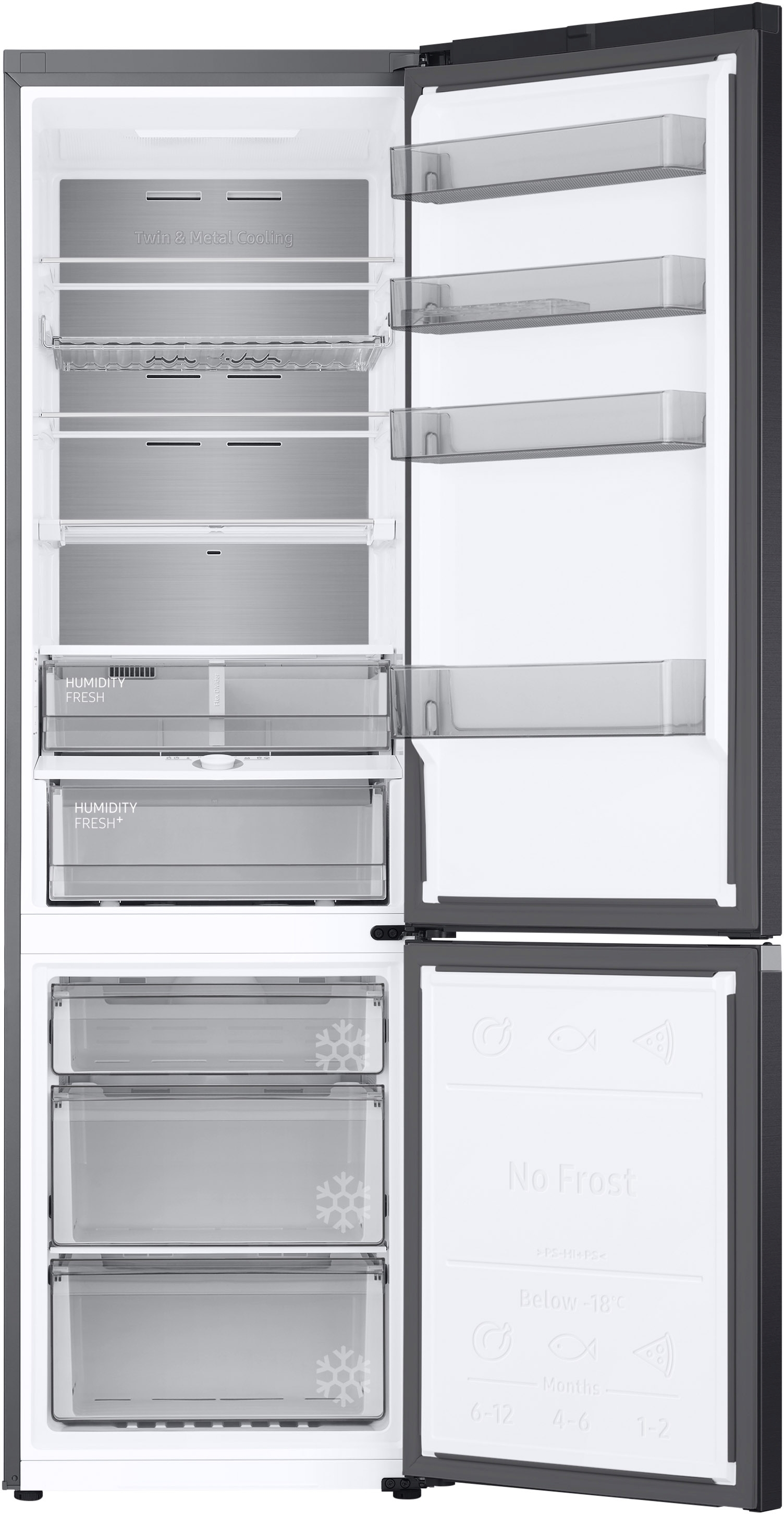 Ein offener Kühlschrank mit mehreren Fächern und Schubladen.