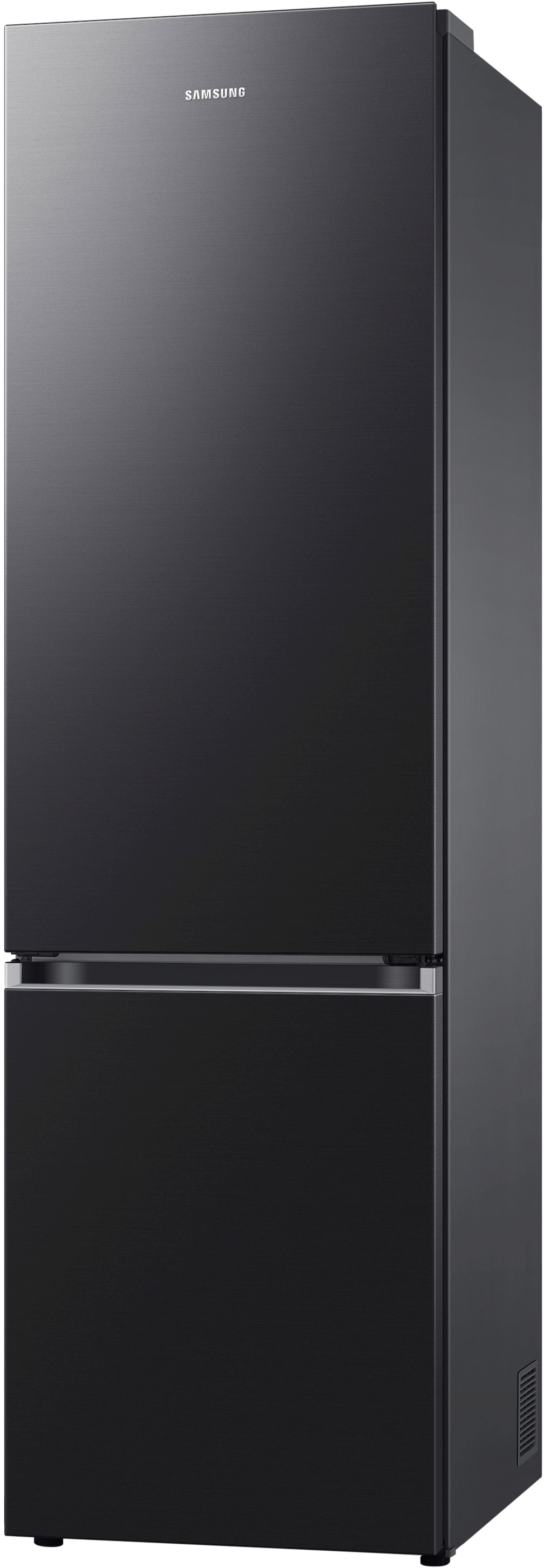 Ein moderner, schwarzer Samsung Kühlschrank mit Edelstahloberfläche und silbernen Griffen.