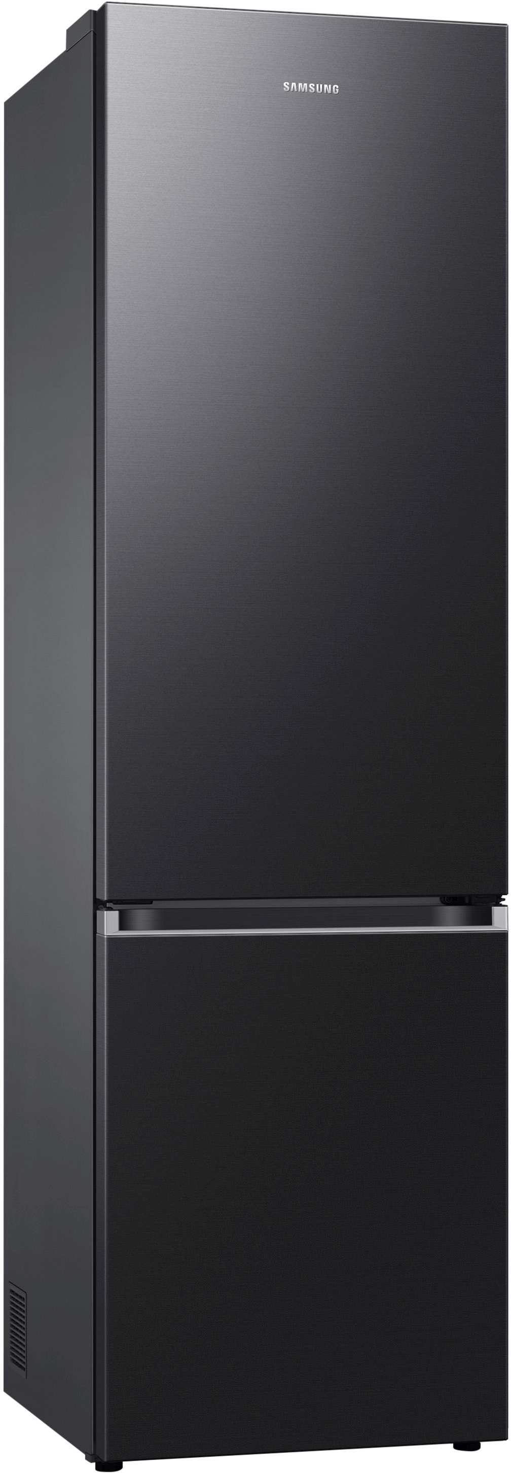 Ein moderner, dunkler Samsung Kühlschrank mit zwei Türen, silbernem Griff.