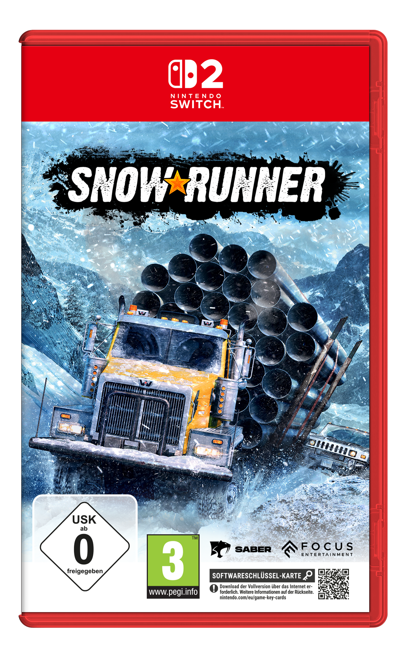 Ein gelber LKW mit Rohren fährt durch Schnee und Eis.
