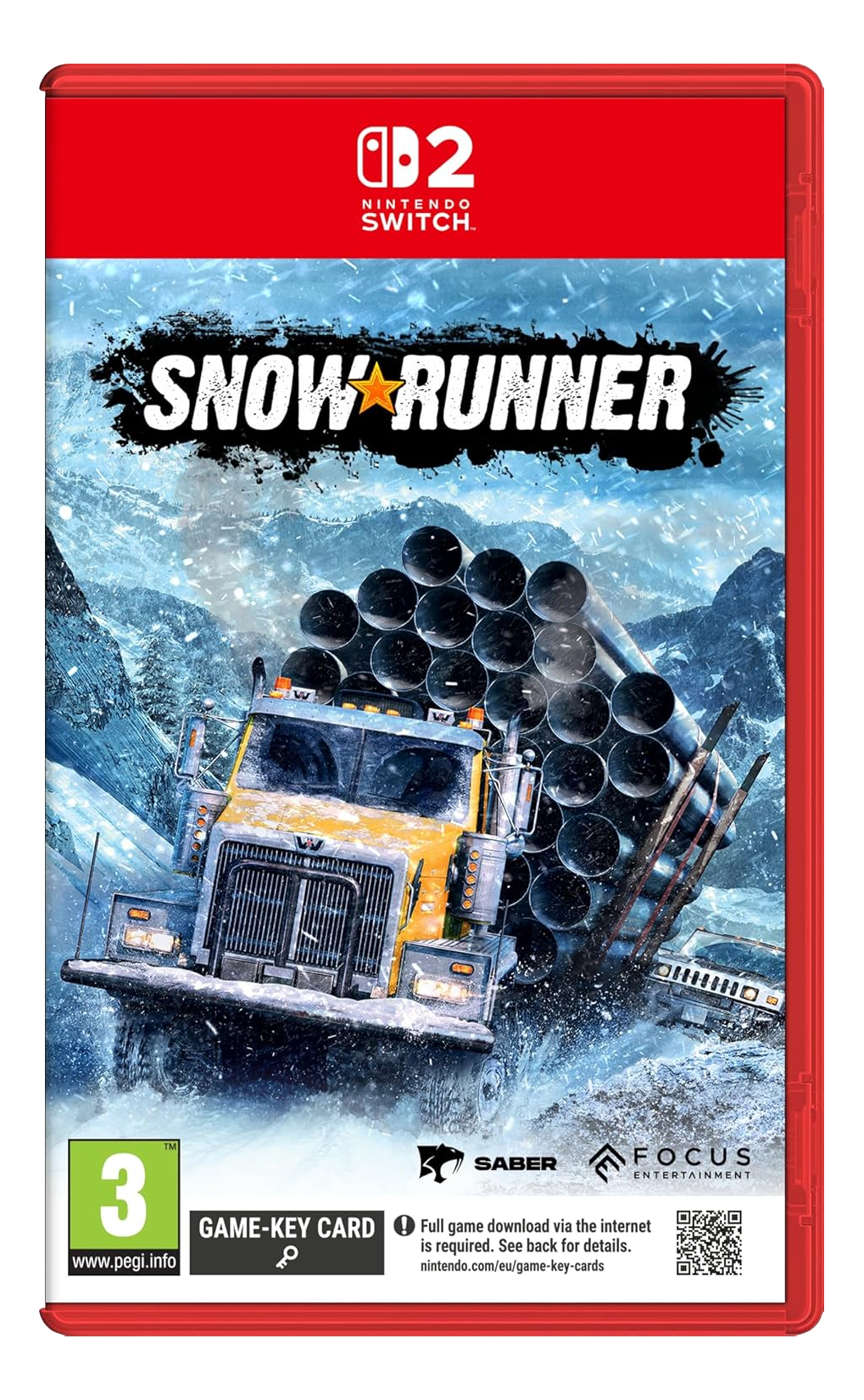 Ein gelber LKW mit Rohren fährt durch Schnee. Cover von Snow Runner.
