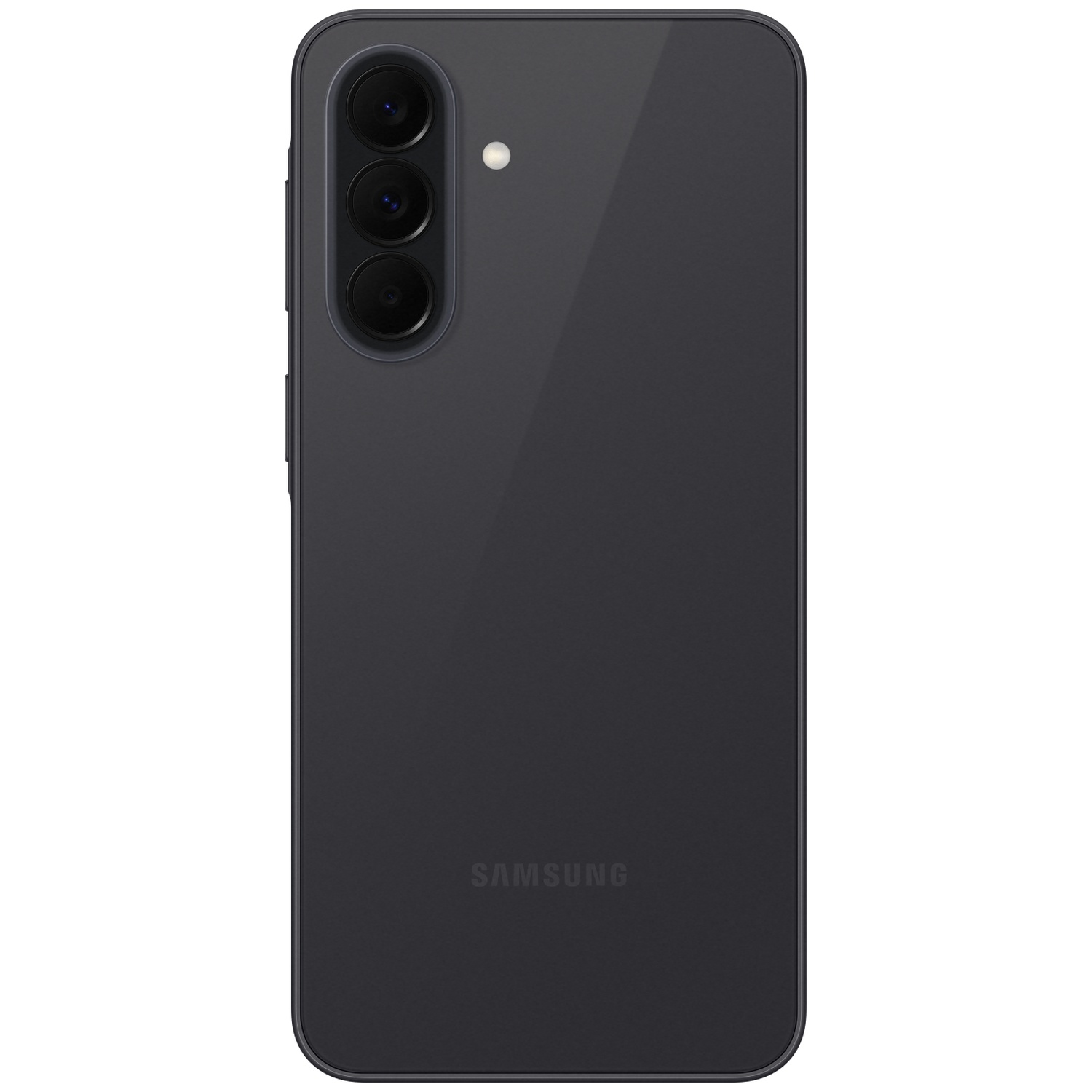 Dark gray smartphone with three cameras and a flash on the back.