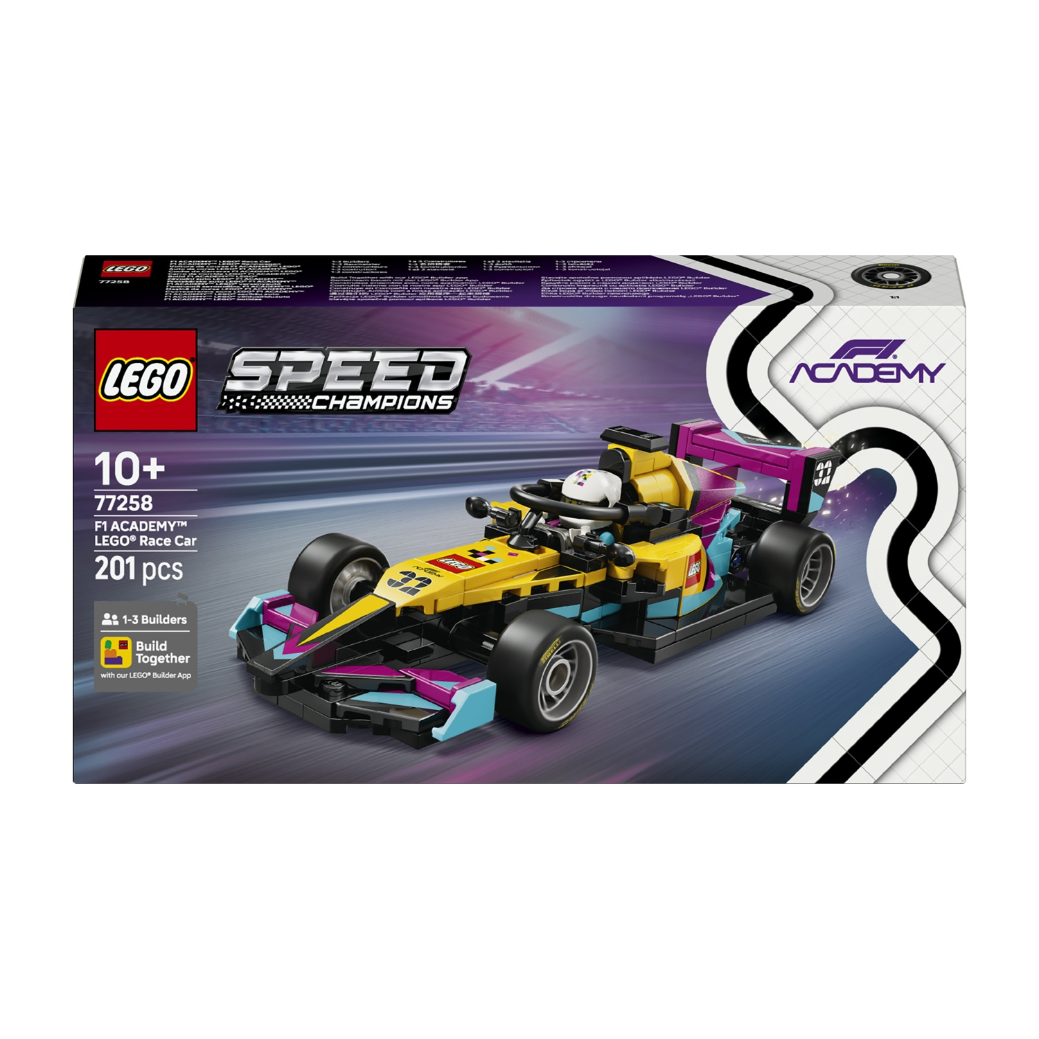 Scatola auto da corsa LEGO F1 Academy con auto gialla, blu e viola.
