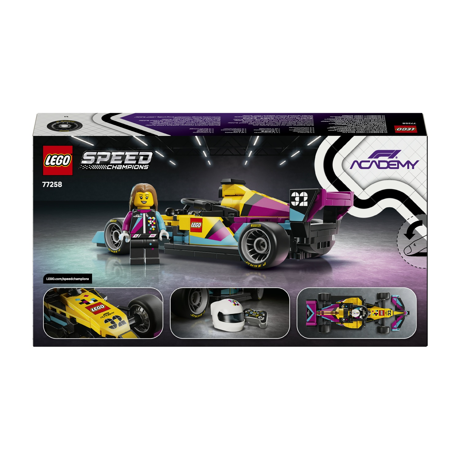 Auto Lego Speed Champions Formula 1 con pilota e accessori sulla scatola.
