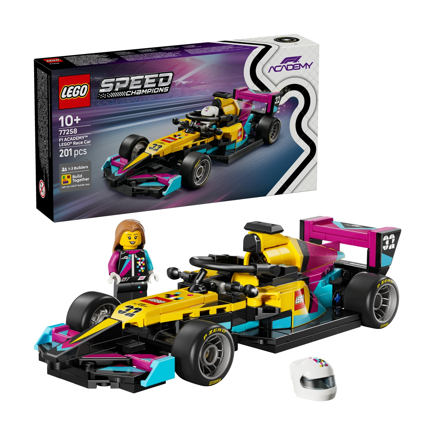 Auto da corsa F1 Lego con minifigure e casco, gialla, rosa e blu.