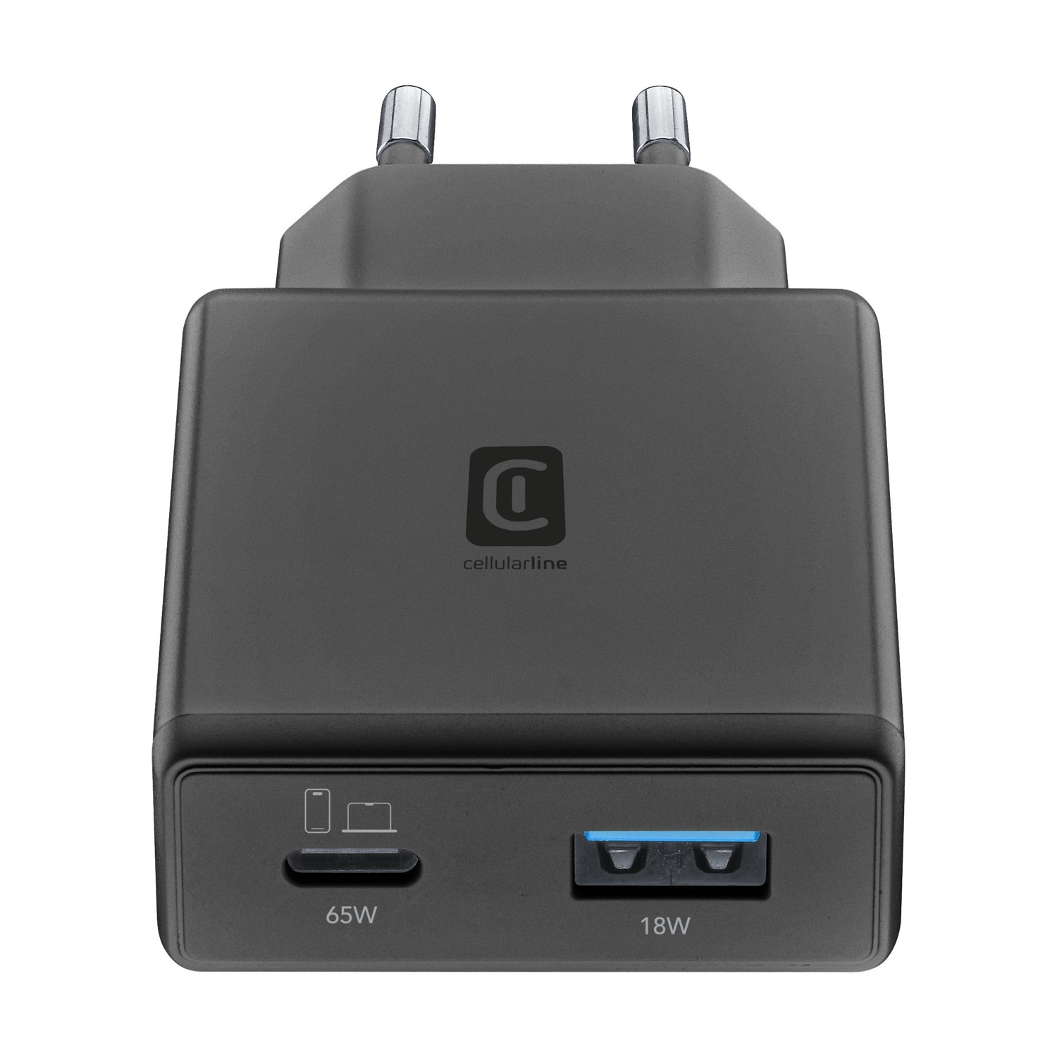 Adattatore da viaggio nero con due porte USB e pin pieghevoli.