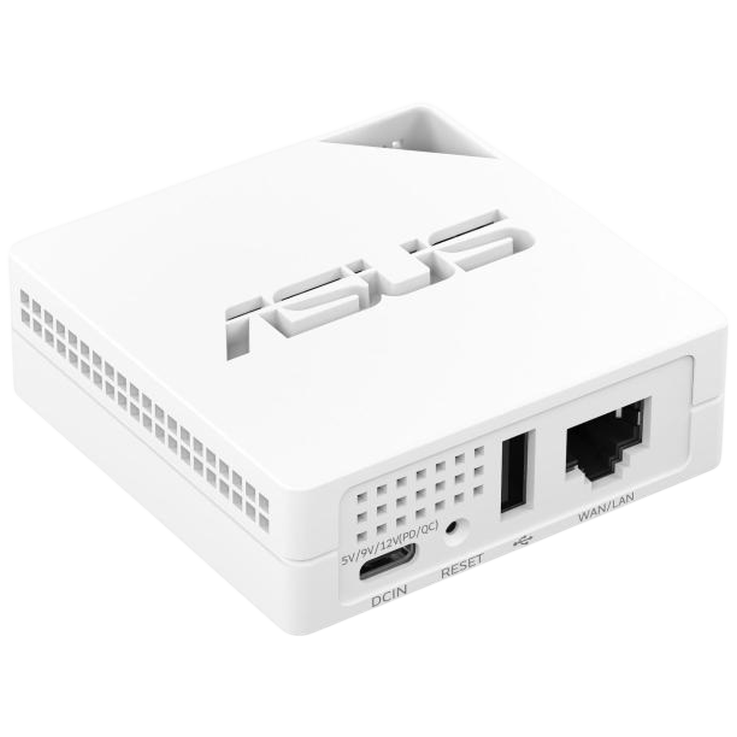 Un routeur ASUS blanc avec fentes de ventilation et ports DCIN, Reset et WAN/LAN.