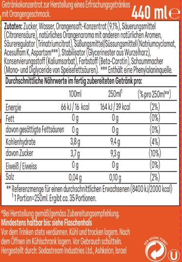 Nährwerttabelle für Sodastream Getränkekonzentrat Orange, 440ml.