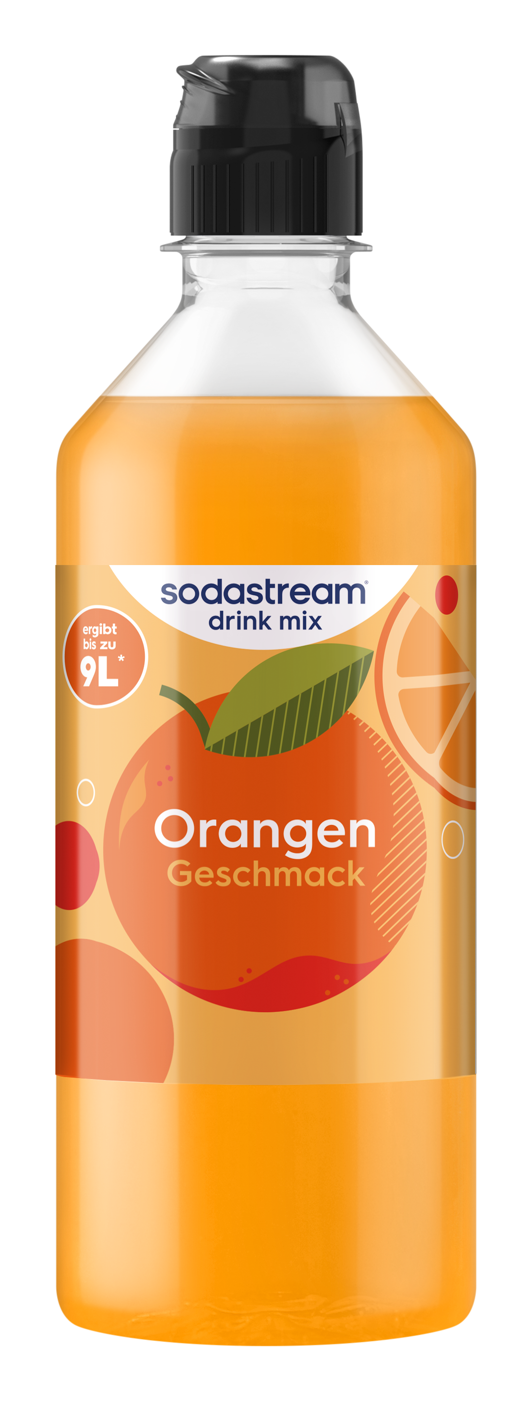 Eine Flasche Sodastream Orangengeschmack Sirup auf schwarzem Hintergrund.
