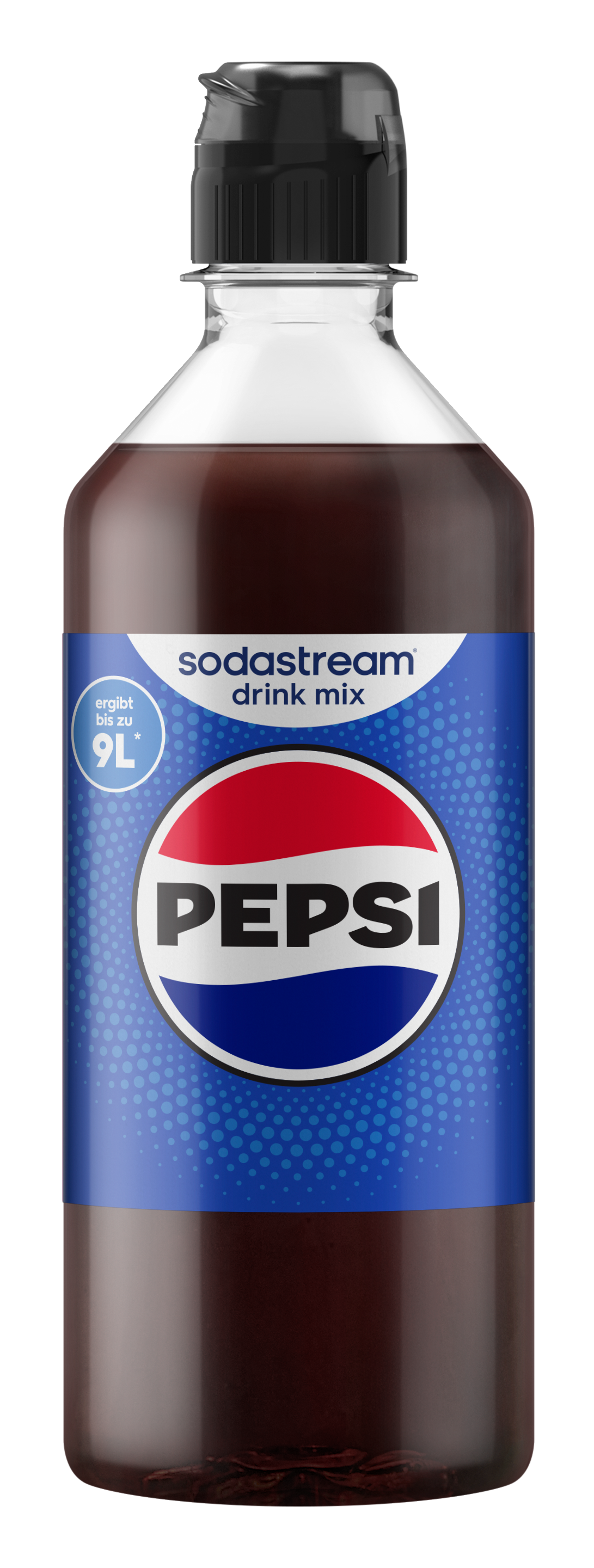 Eine Flasche Sodastream Pepsi Drink Mix mit schwarzem Deckel auf schwarzem Hintergrund.