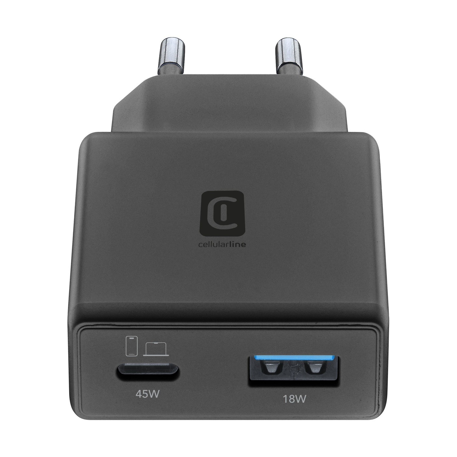 Caricatore nero con due porte USB: 45W USB-C e 18W USB-A.