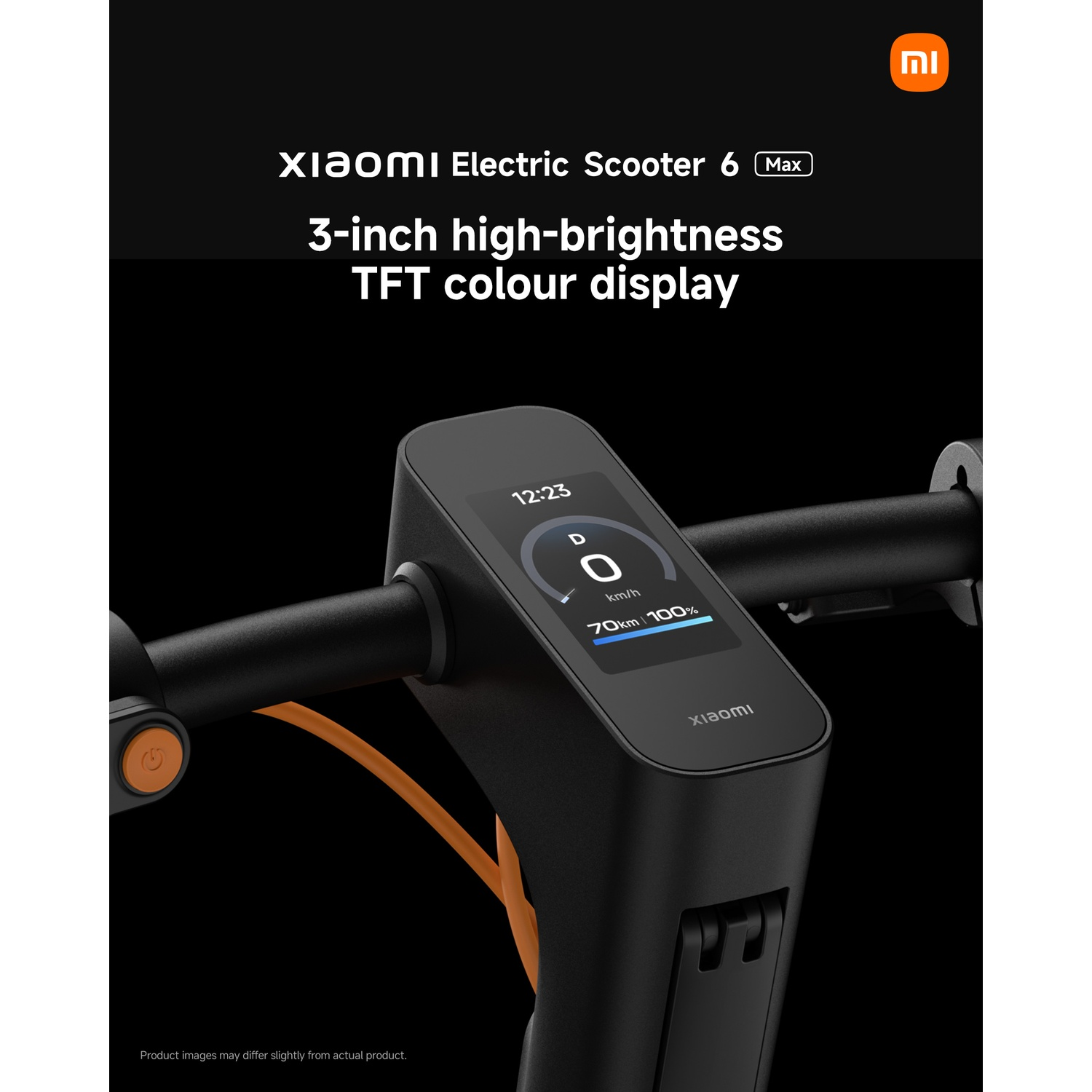 Close-up of a Xiaomi electric scooter display showing 70km range and 100% battery.