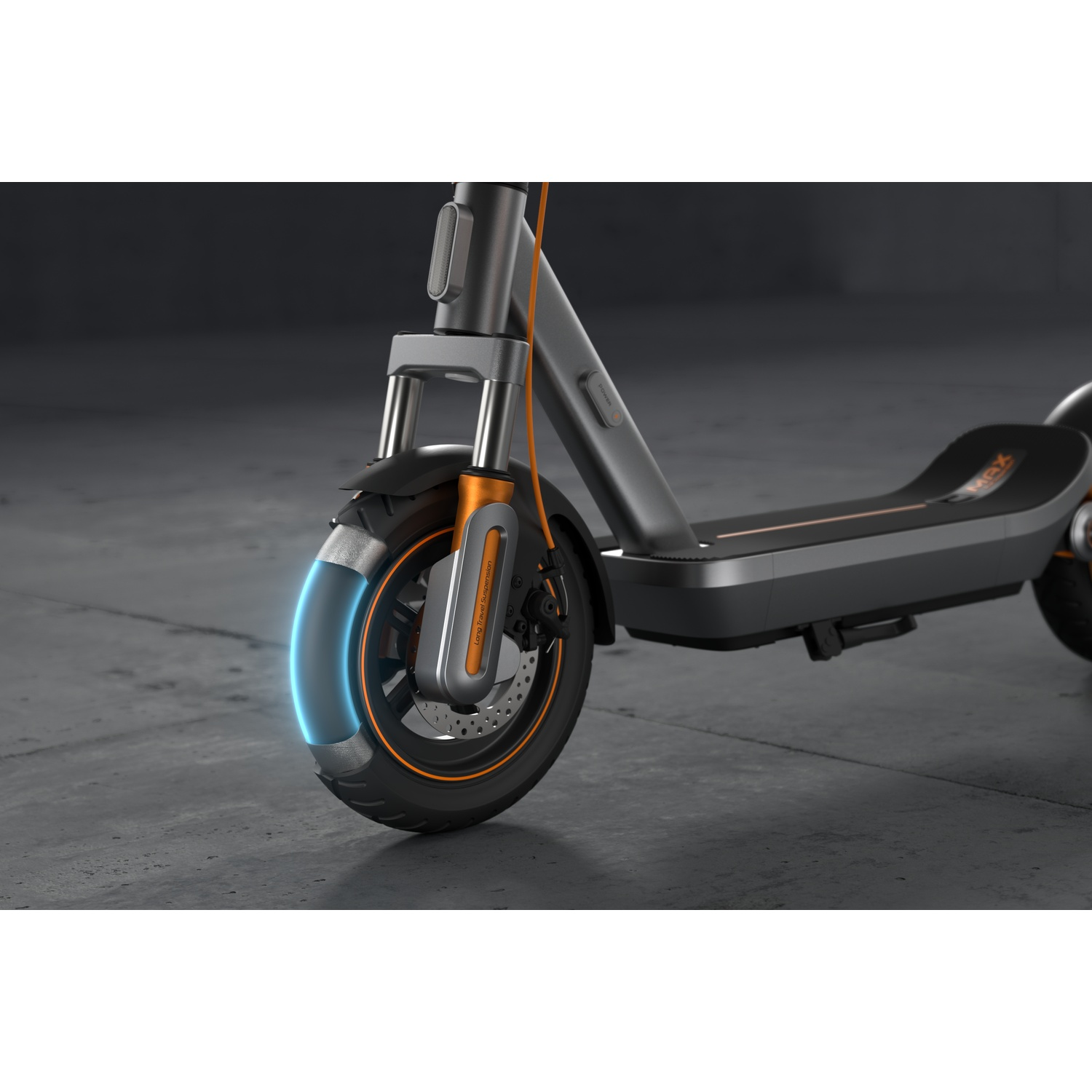 A gray electric scooter with orange accents and a glowing front wheel.
