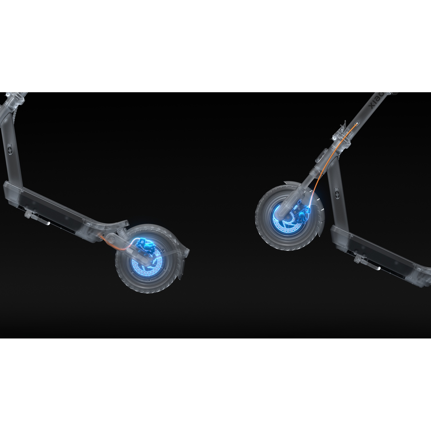 Close-up view of an electric scooter, showing the brake system and glowing blue components.