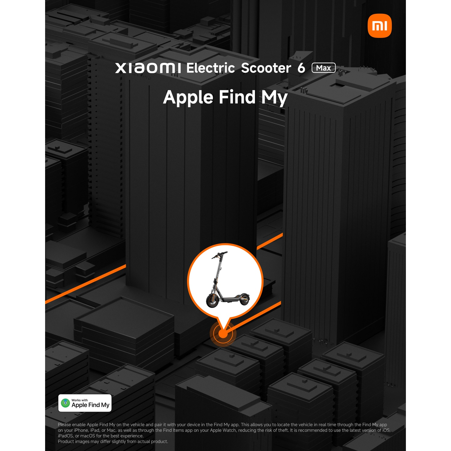 Xiaomi Electric Scooter 6 Max with Apple Find My in a stylized city.