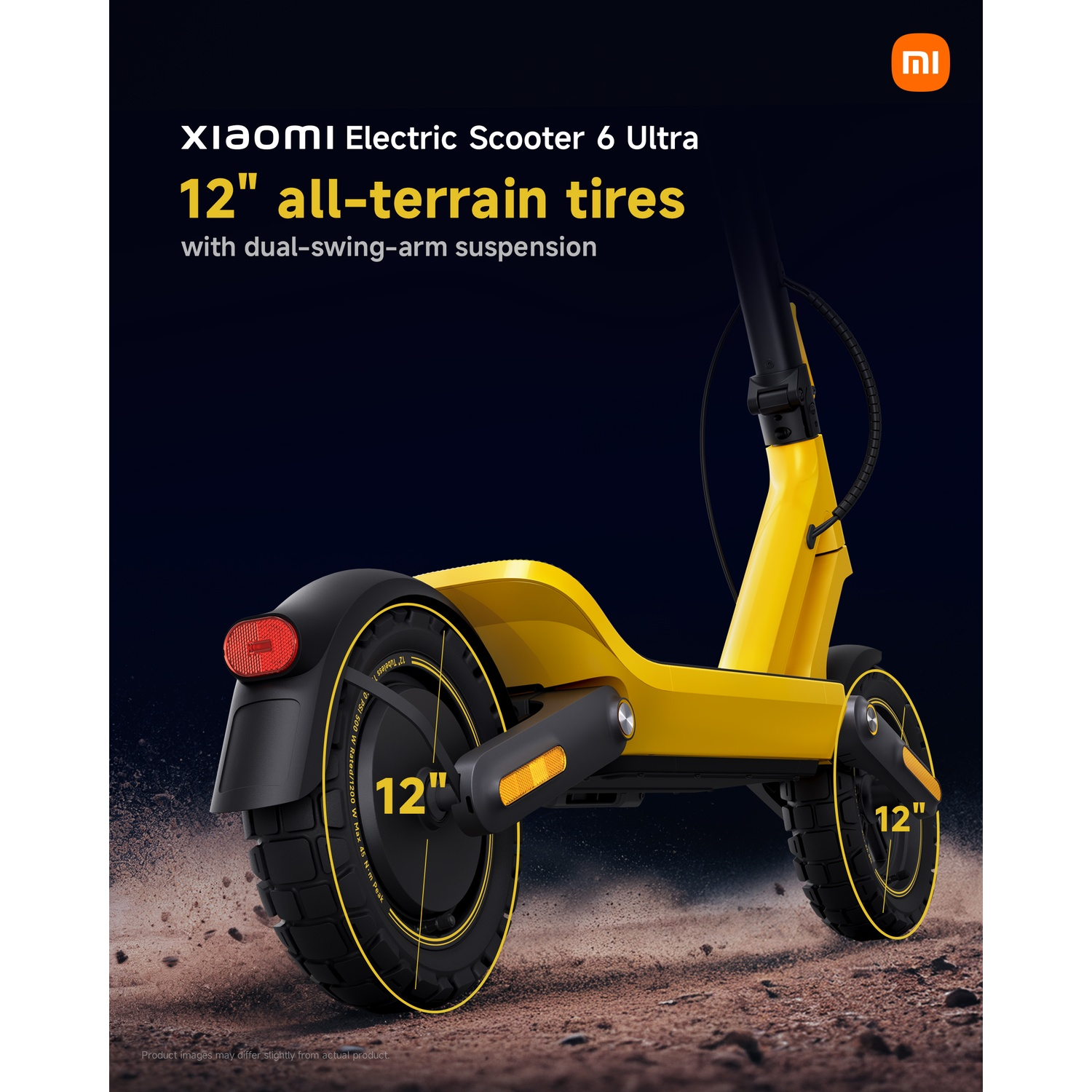 Yellow Xiaomi Electric Scooter 6 Ultra with 12-inch tires on a dirt surface.