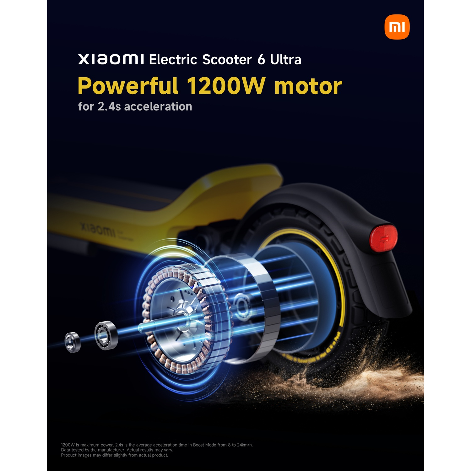Xiaomi Electric Scooter 6 Ultra: 1200W motor for 2.4s acceleration. Detailed view of motor.