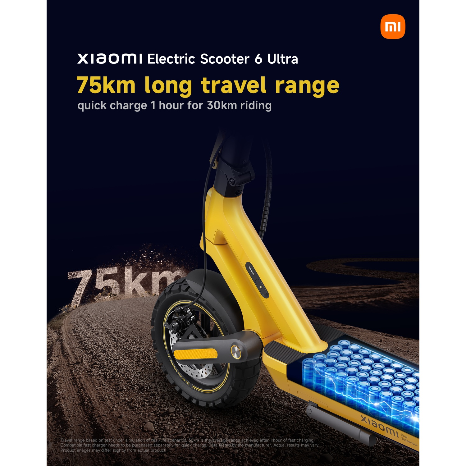 Yellow Xiaomi Electric Scooter 6 Ultra with 75km range and visible battery.