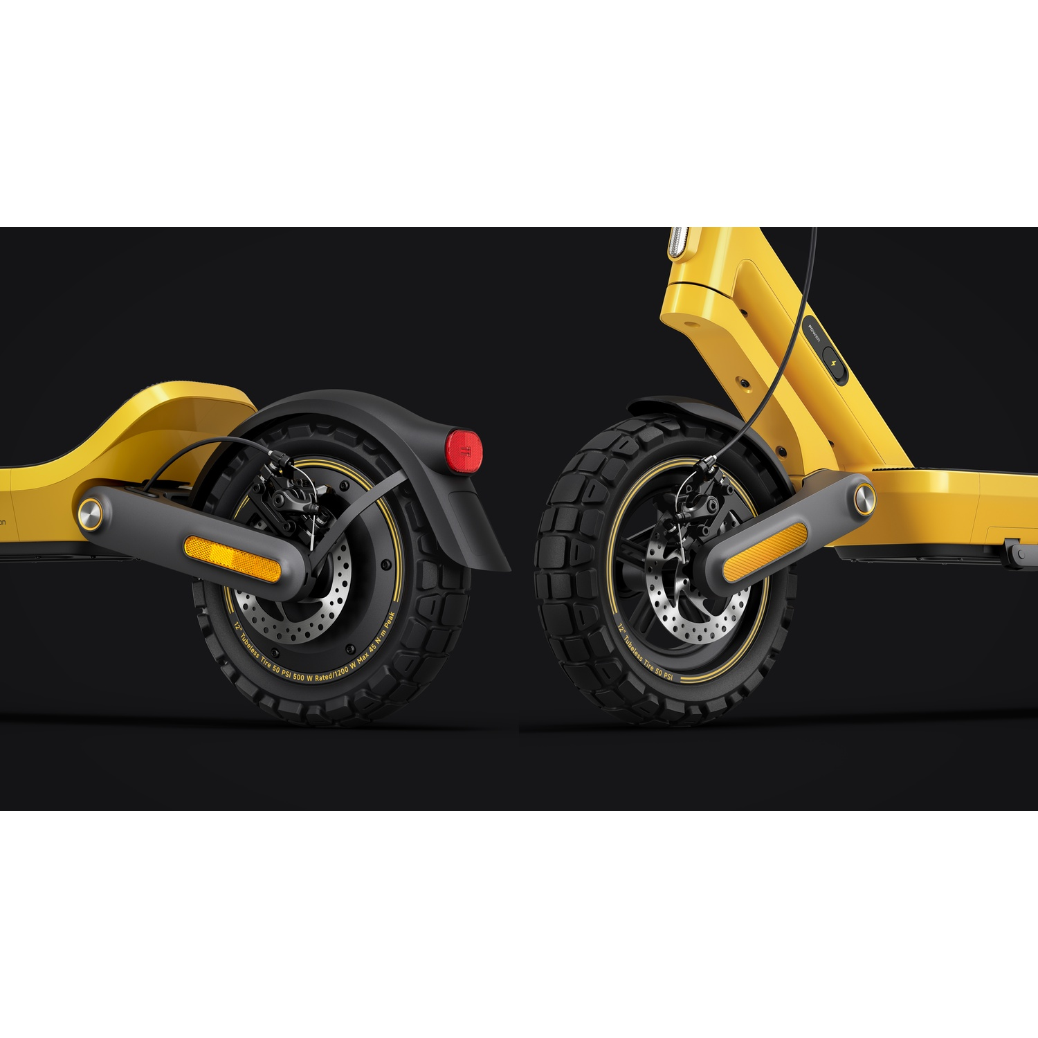 Two yellow electric scooter wheels with black tires and disc brakes.