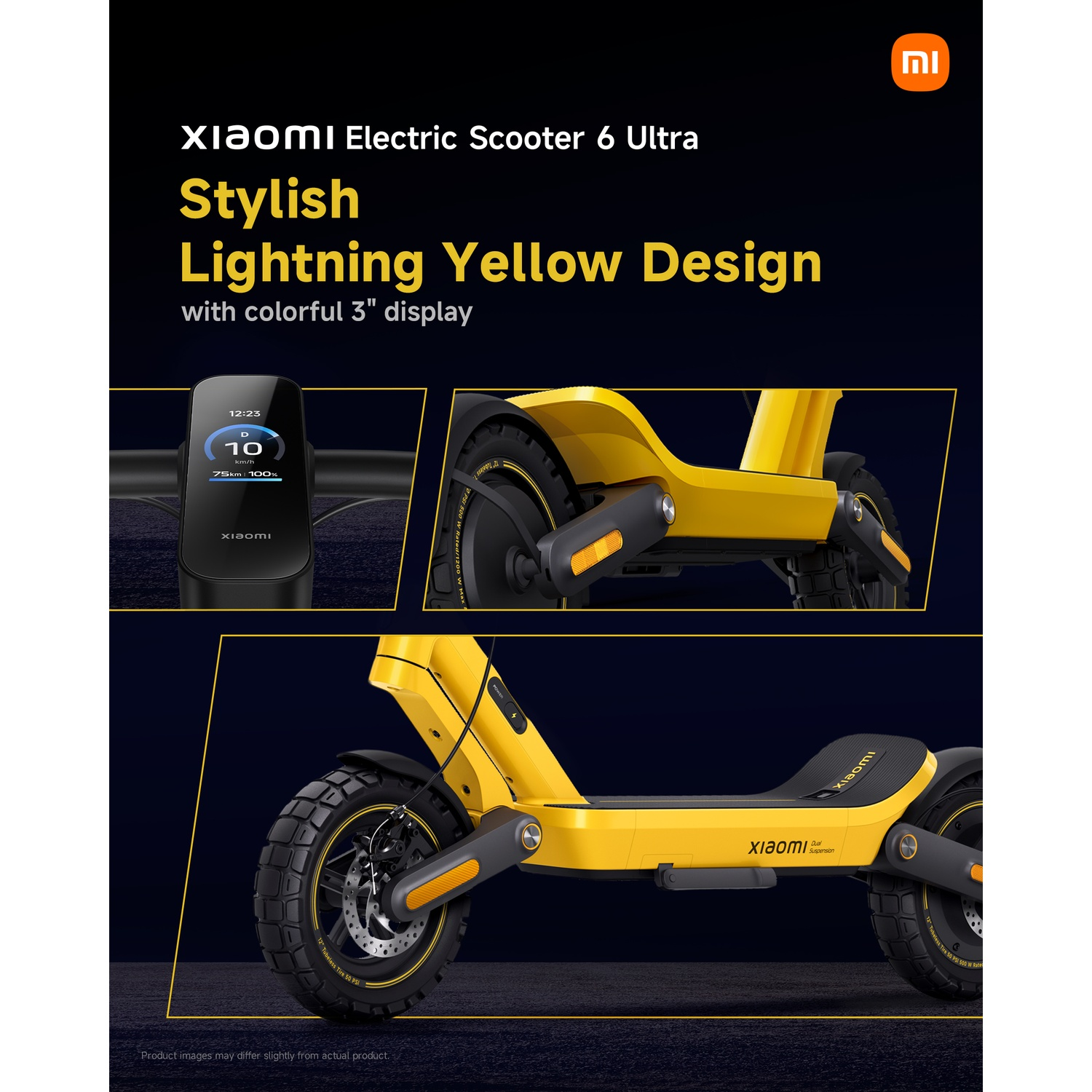 Yellow Xiaomi electric scooter 6 Ultra with a 3-inch display on a dark background.