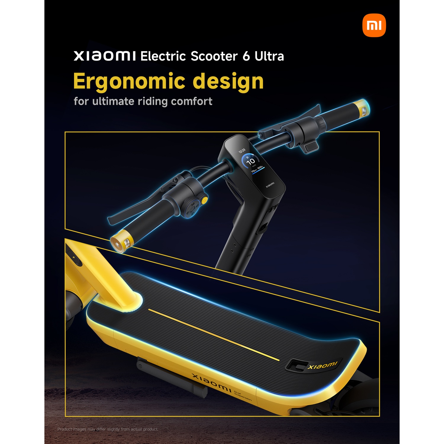 Xiaomi Electric Scooter 6 Ultra: ergonomic design, display, and yellow deck.