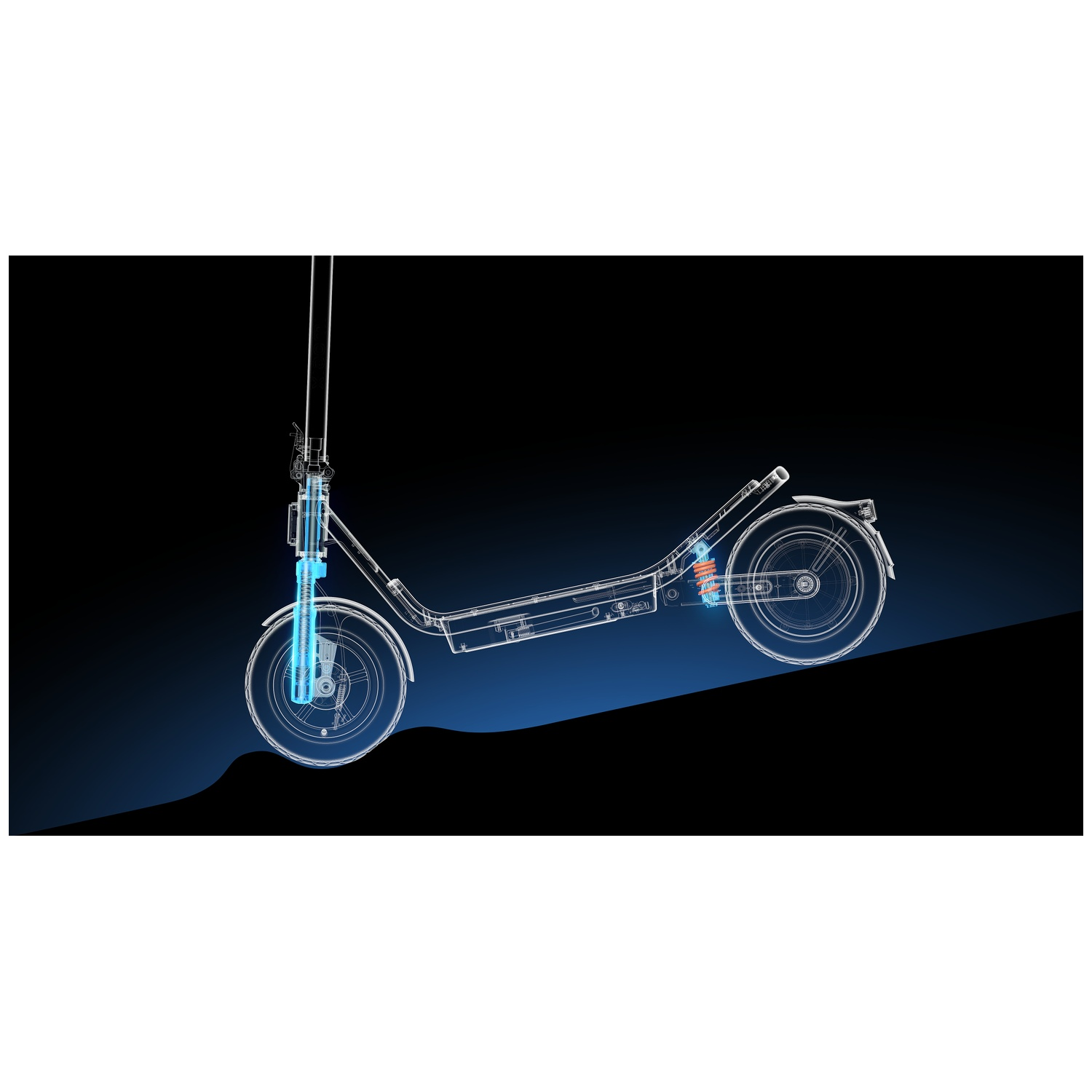 Wireframe e-scooter with glowing blue shocks on a dark background.