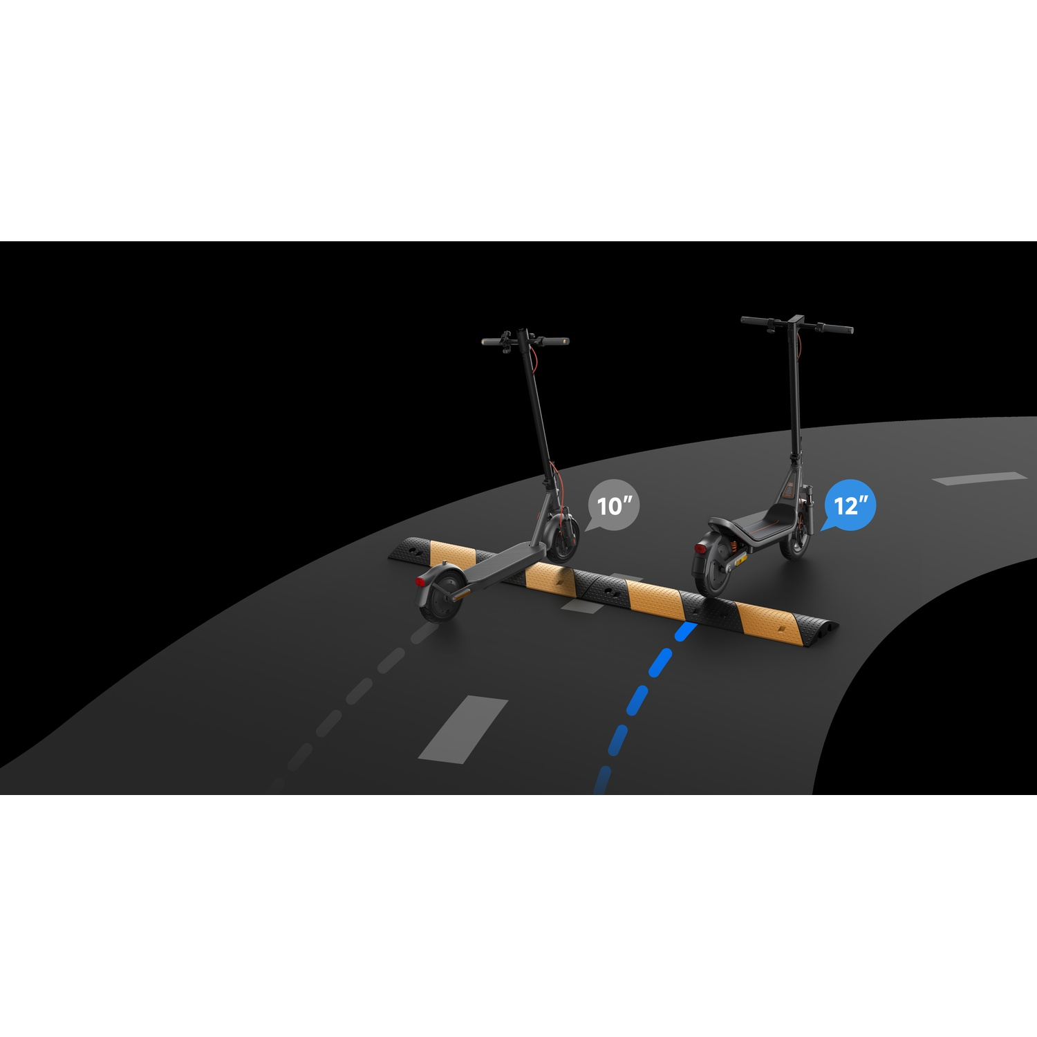 Two electric scooters are on a road with speed bumps.