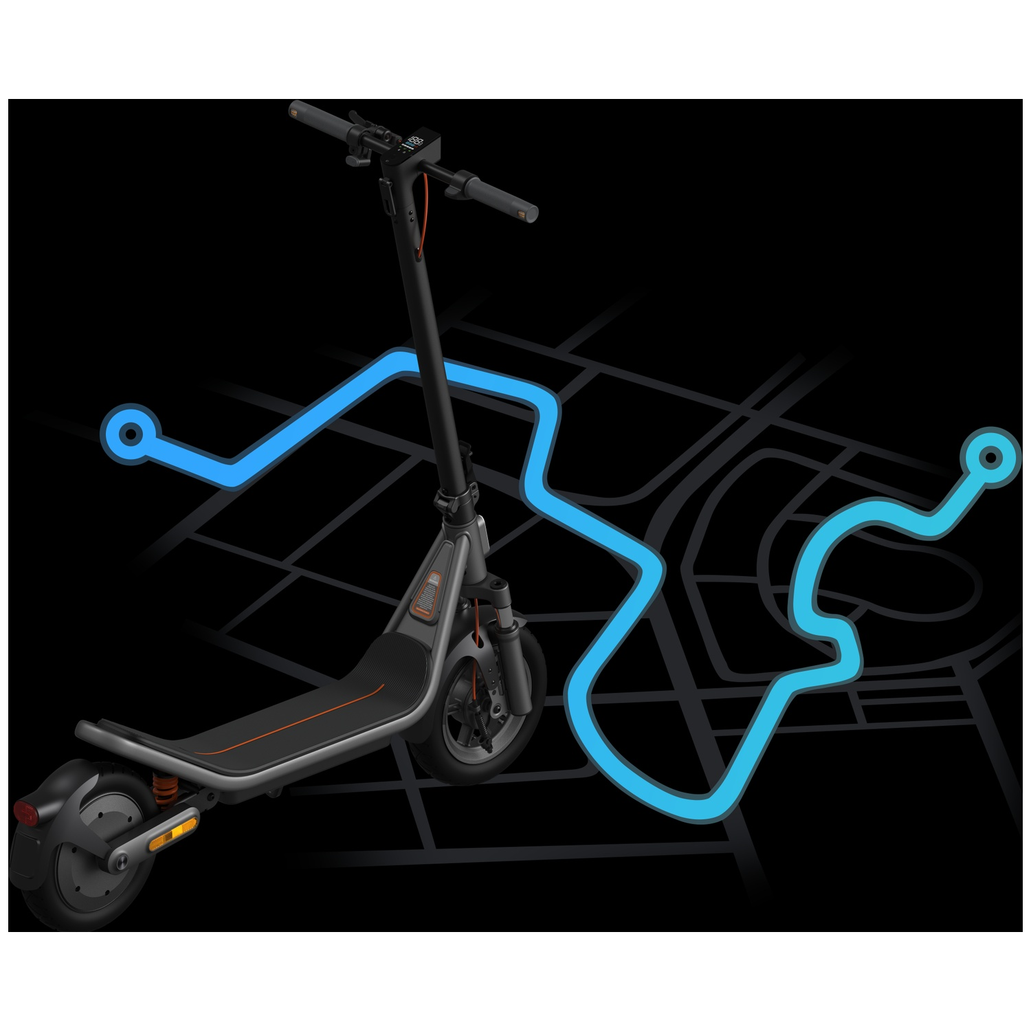A black electric scooter with blue navigation lines on a map.