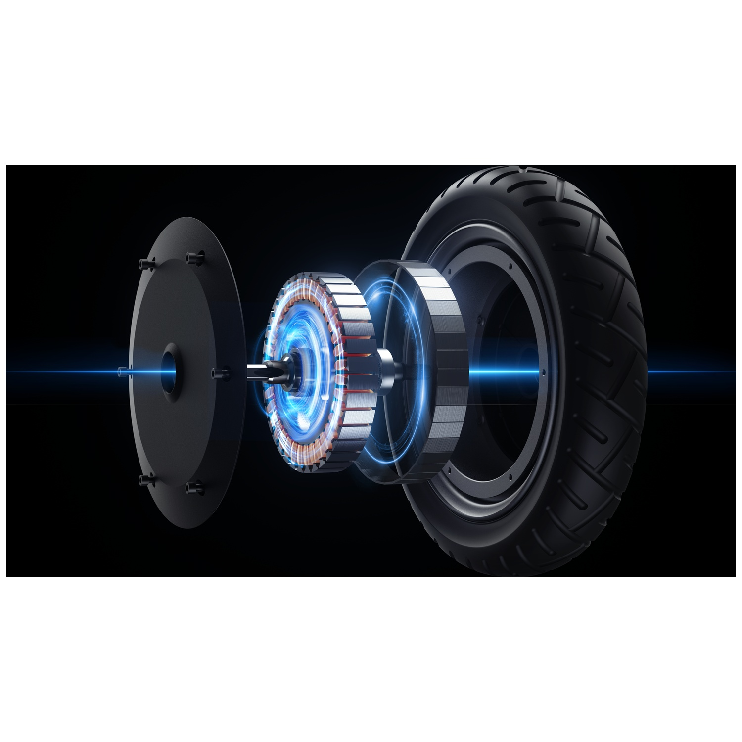 Exploded view of an electric motor with a tire, coils, and magnets.